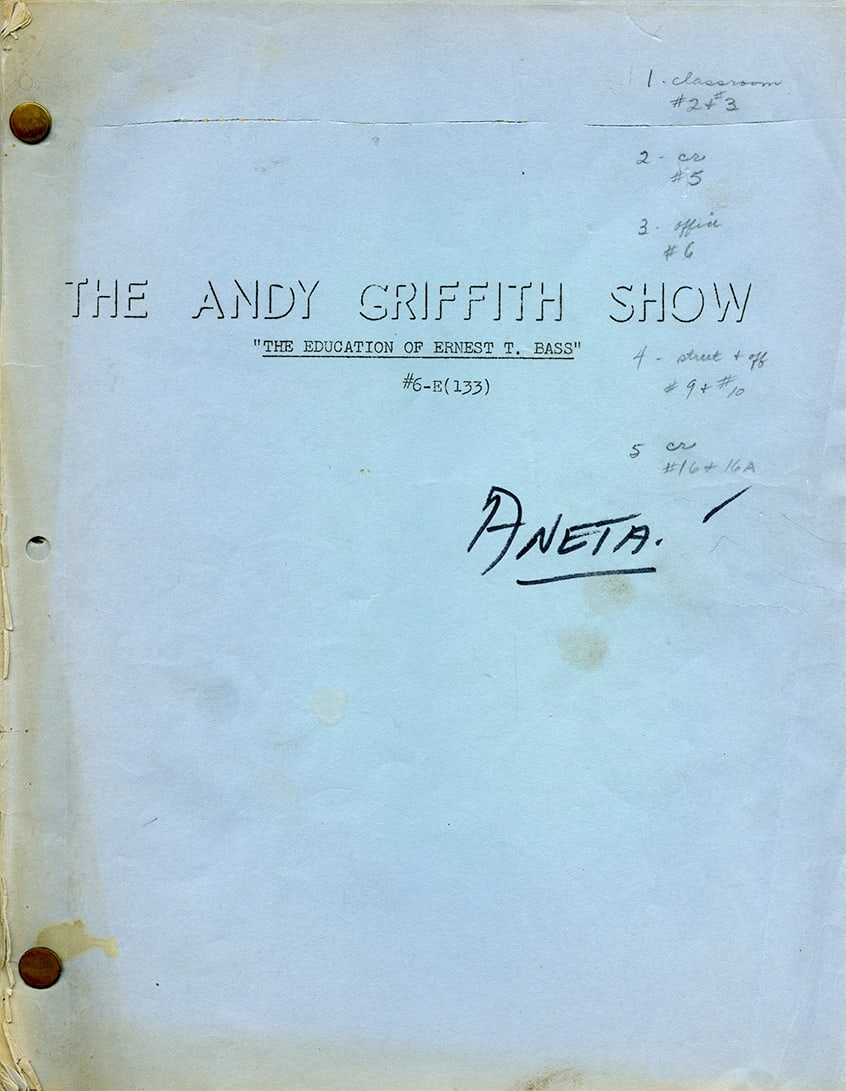 Original Production Shooting Schedule Owned by Aneta Corsaut - The Education of Ernest T. Bass (1 of 2)