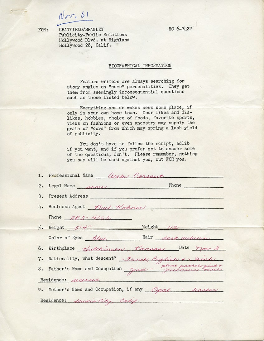 Anita Corsaut 1961 Hollywood Publicity Hand Written Questionnaire - 10 Pages (1 of 10)