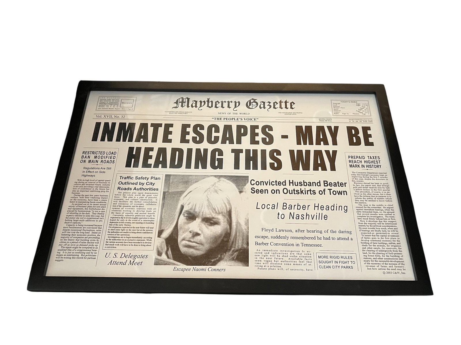 Framed Newspaper Prop from The Andy Griffith Show