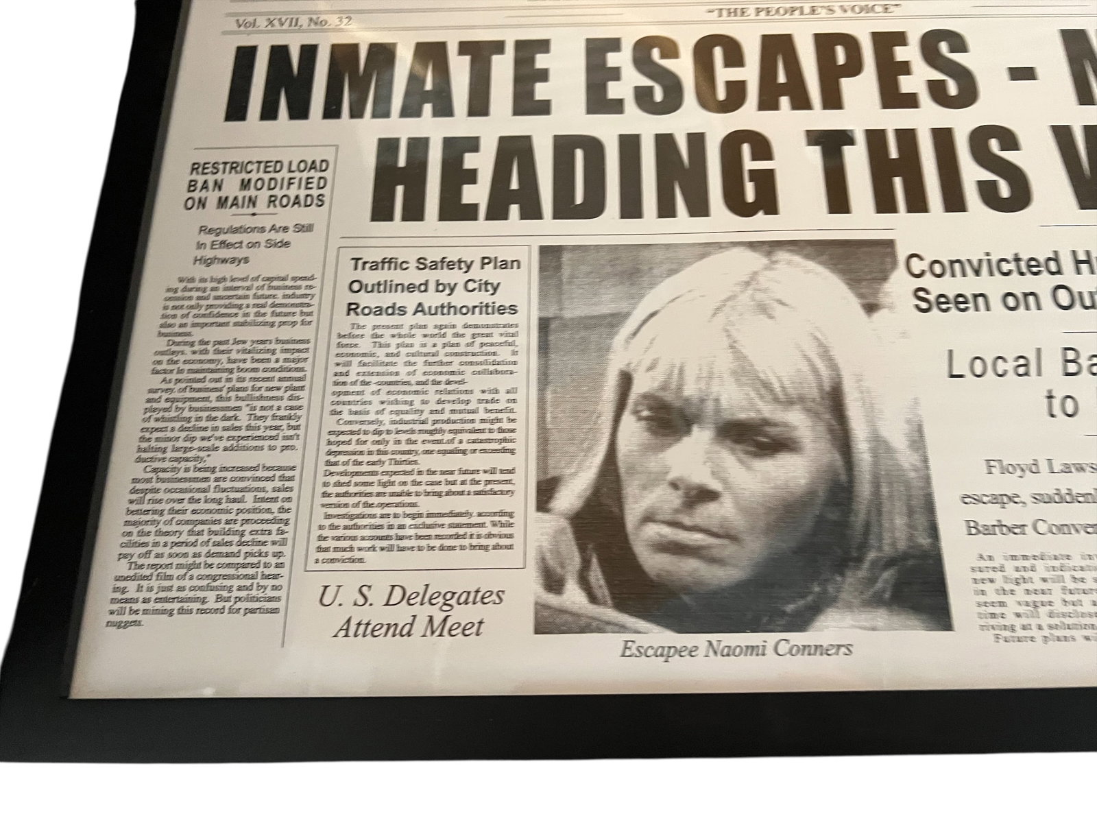 Framed Newspaper Prop from The Andy Griffith Show - 2