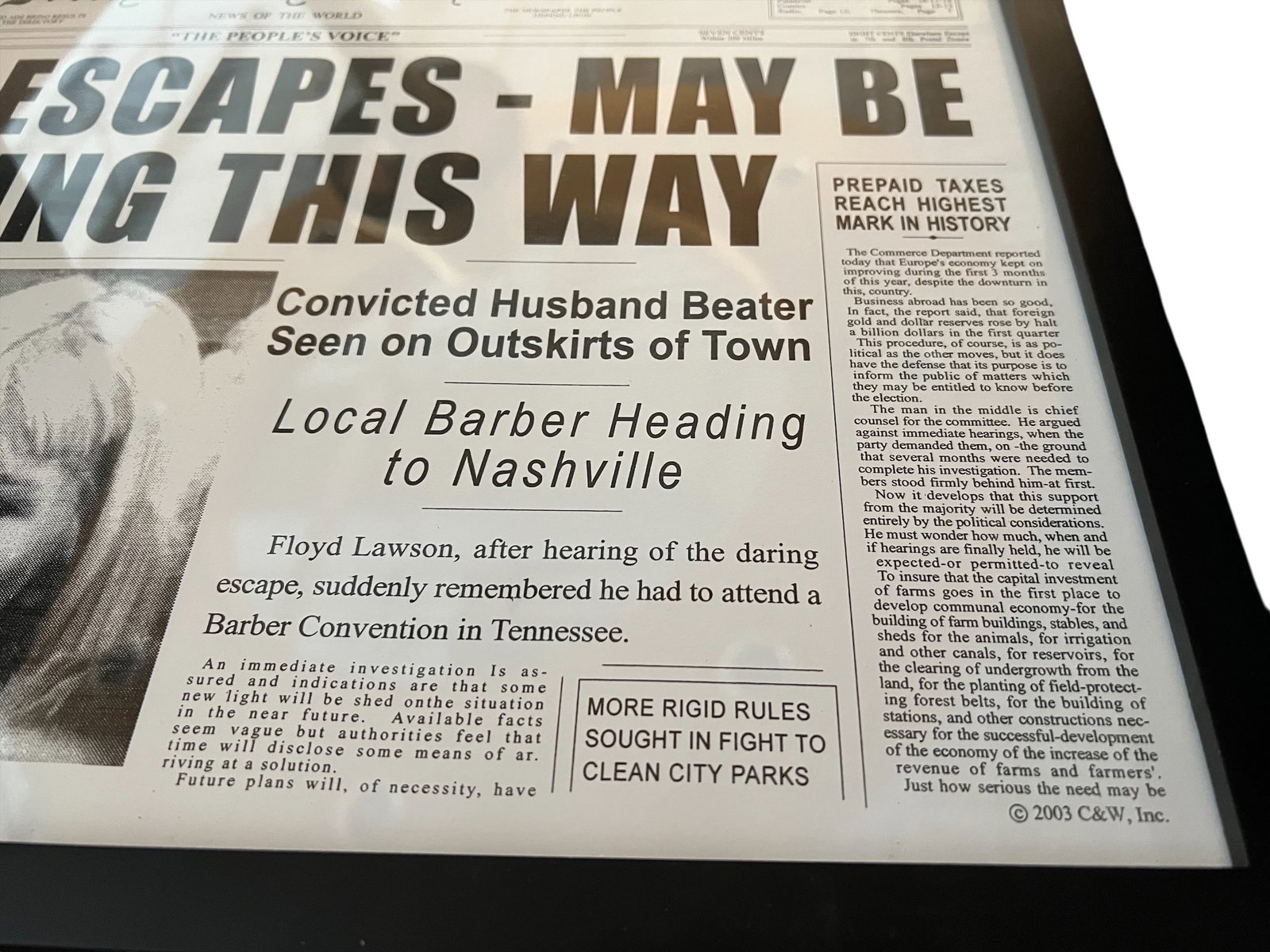 Framed Newspaper Prop from The Andy Griffith Show - 3