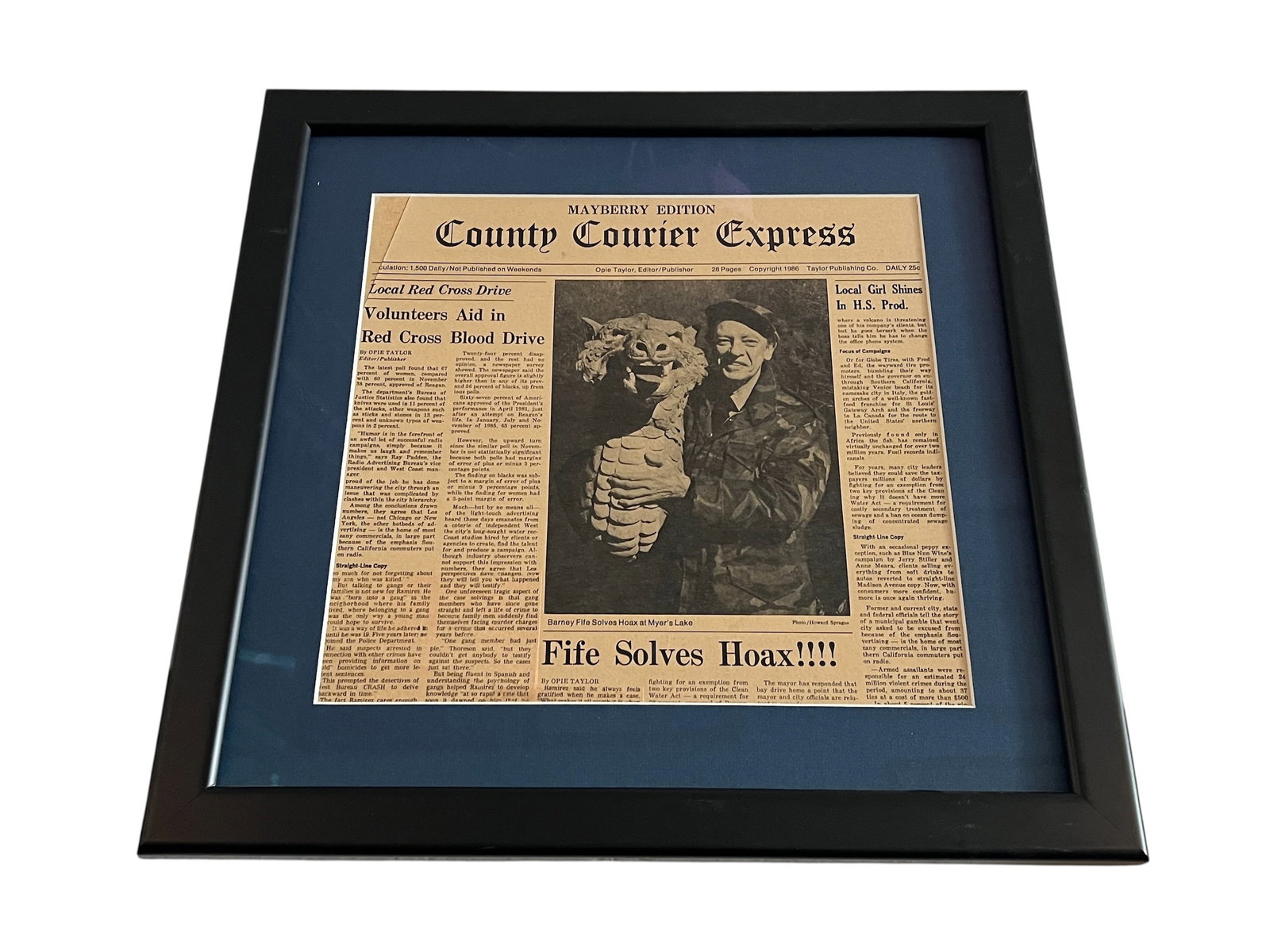 Return to Mayberry (1986) - On Screen Used Original "Fife Solves the Hoax" Newspaper Prop (1 of 4)