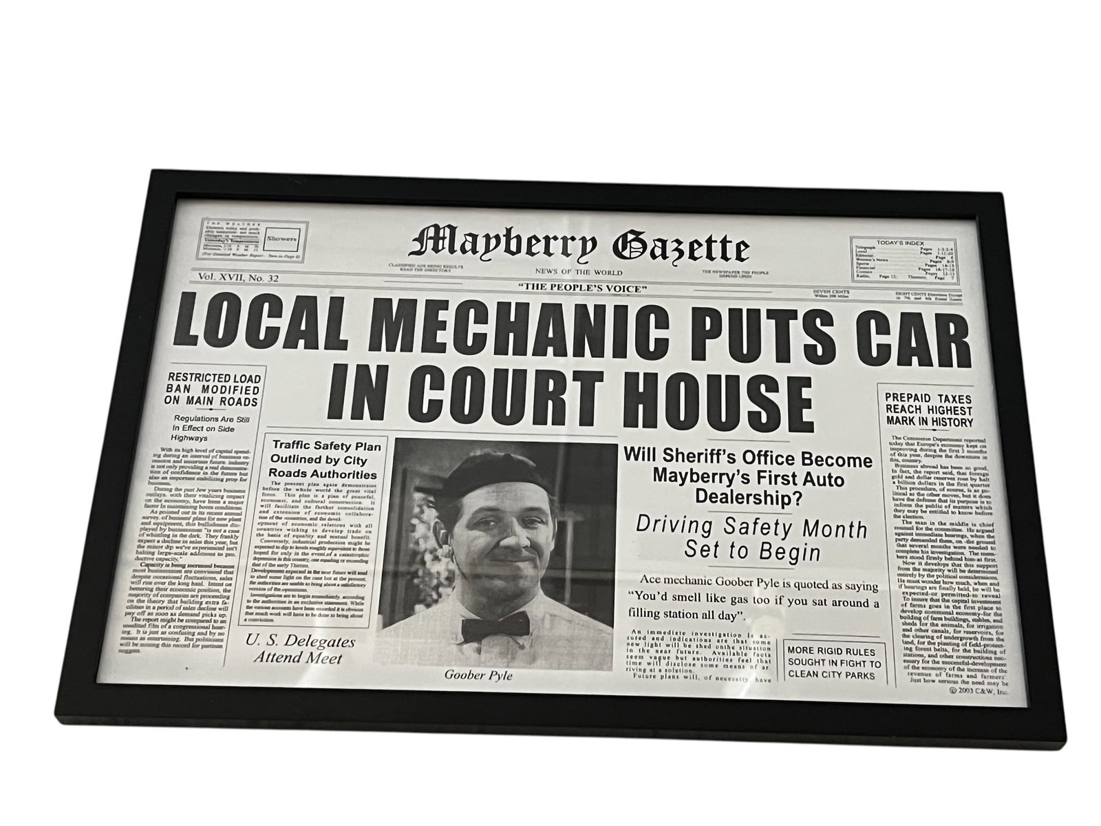 Framed Mayberry Gazette Newspaper Prop: This framed newspaper print is a prop replica from The Andy Griffith Show, a classic American television sitcom that aired in the 1960s.Key Details About the ImageThe Newspaper: It is the fictional Ma