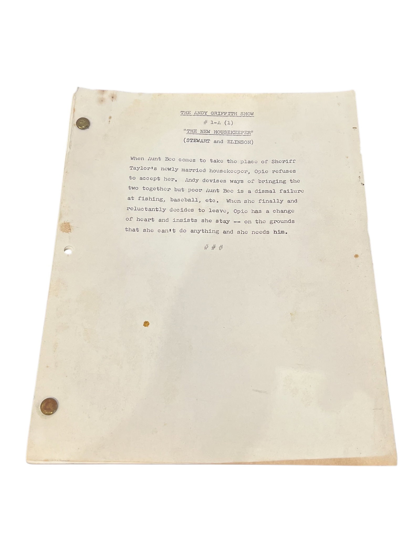 The Andy Griffith Show “The Housekeeper" Script - #1 - First Episode: The Housekeeper (1960) - Original Production Script – The Andy Griffith Show - "The Housekeeper" is the landmark first episode of The Andy Griffith Show and introduced television audiences to the