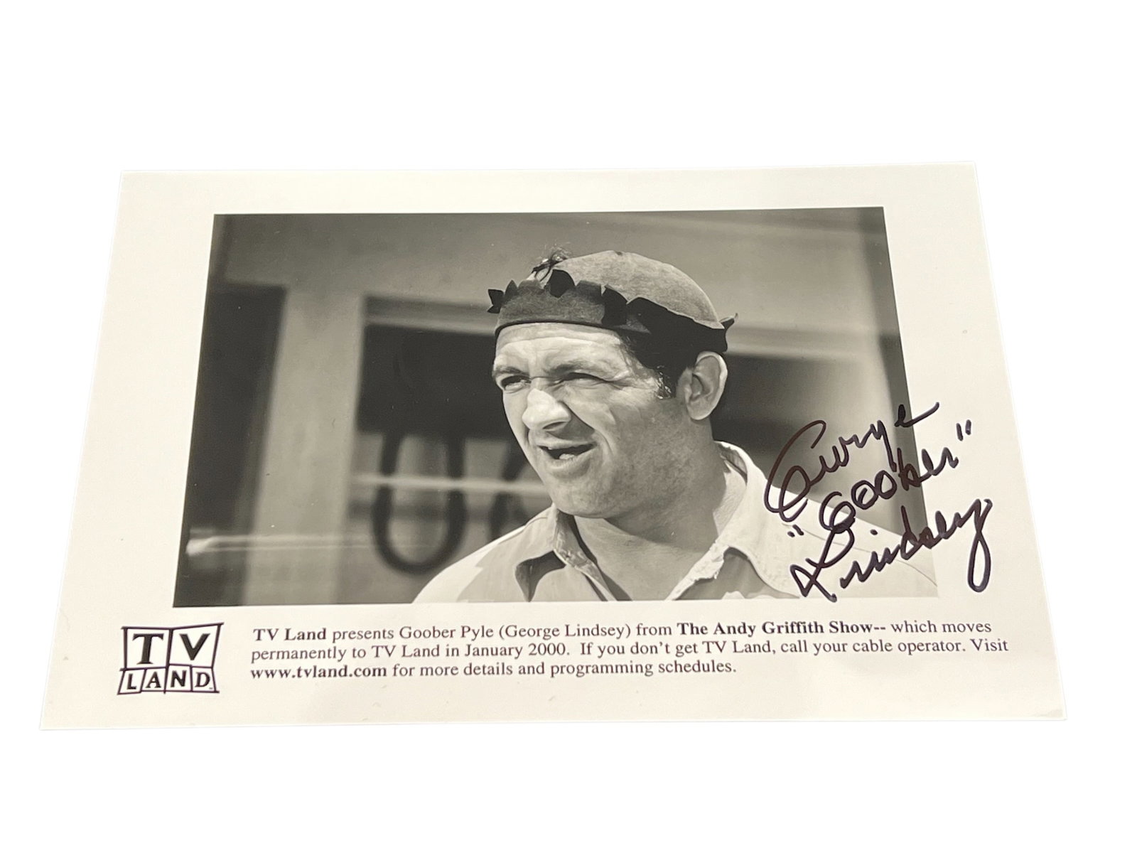 Signed George Lindsey Photograph: This black and white promotional photograph features actor George Lindsey signed with his nickname "Goober," famously known for his role as Goober Pyle on The Andy Griffith Show. [1, 2]Actor: George