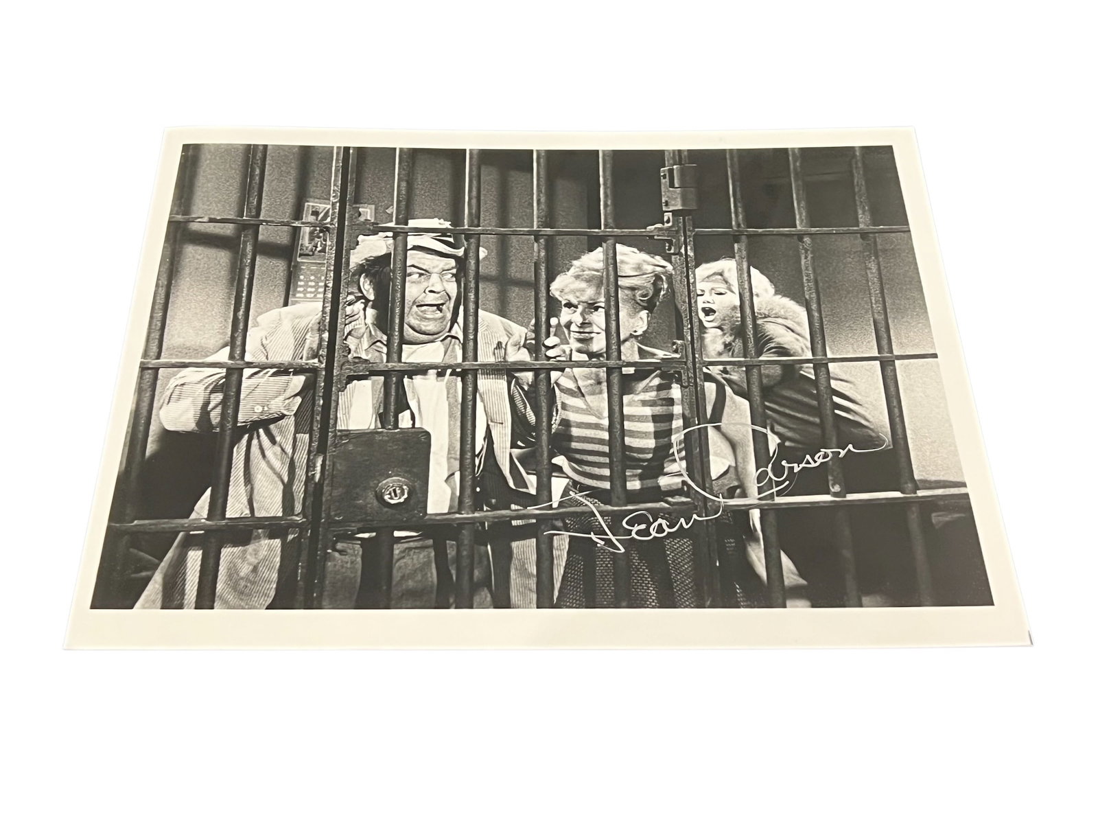 Signed Jean Carson "Fun Girl" Photograph: This black and white photograph captures actors Huntz Hall and Leo Gorcey behind bars from a scene in the 1955 film Jail Busters. [1]This promotional still captures a comedic moment of the actors