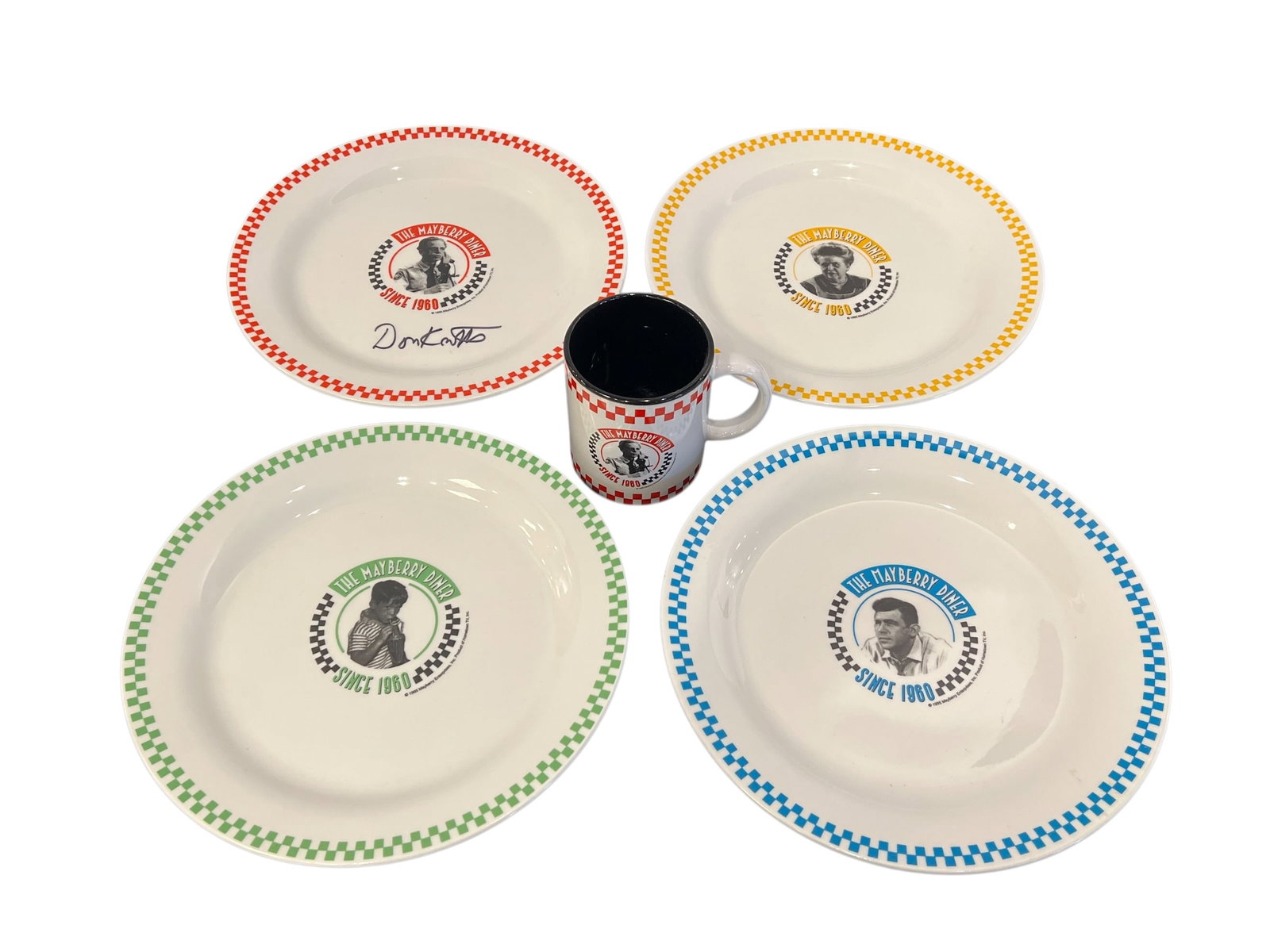 TAGS Mayberry Diner Plate Set with Don Knotts Autograph: The Andy Griffith Show Mayberry Diner Plate Set with Don Knotts Autographed Barney Fife Plate and Matching Coffee Mug- An unusual and highly collectible Mayberry diner-themed set featuring four