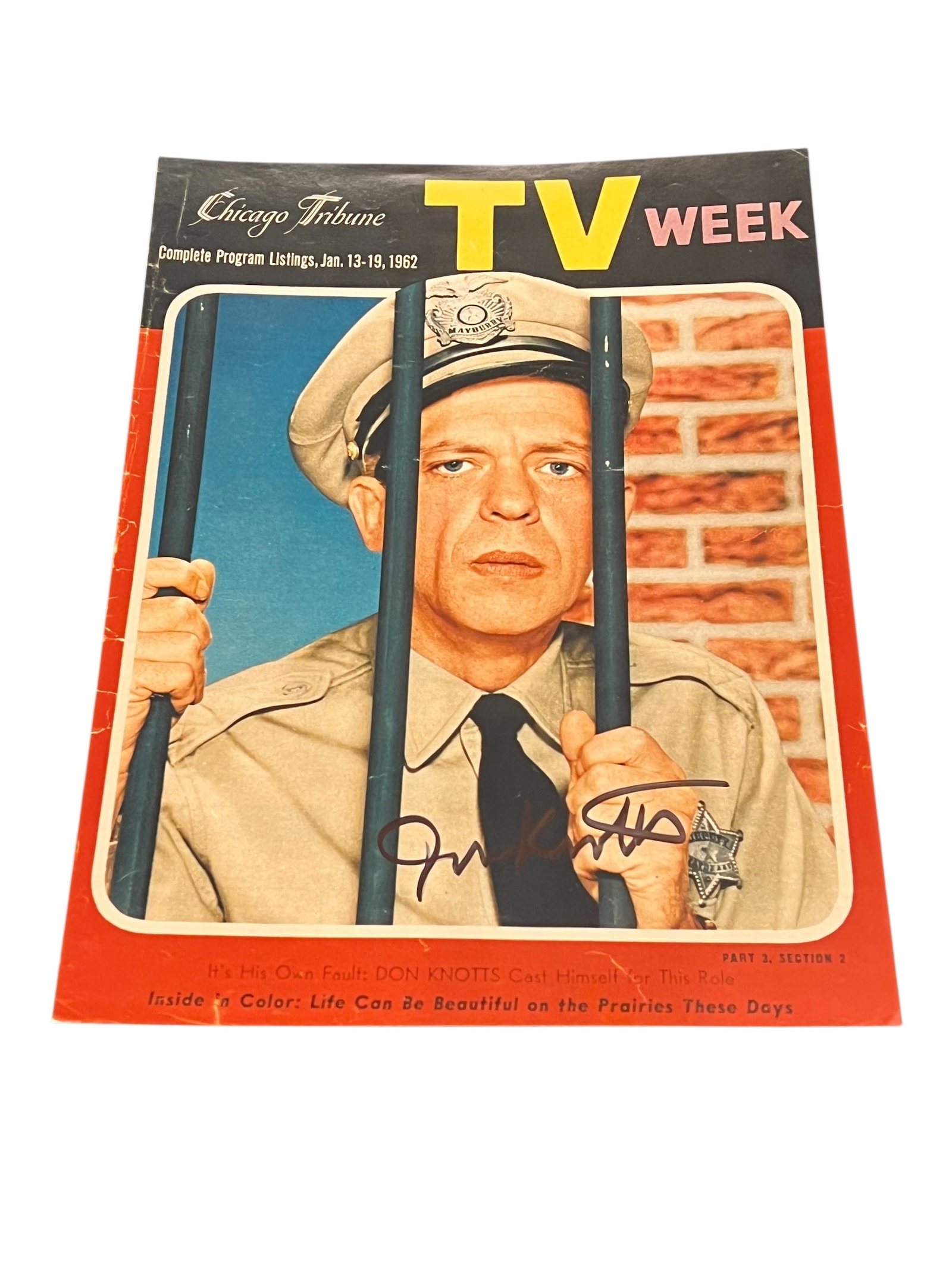 Early Autographed TV Guide: This image is a vintage Chicago Tribune TV Week magazine cover from January 13-19, 1962, featuring Don Knotts as Deputy Barney Fife from The Andy Griffith Show. [1]Subject: Don Knotts is pictured in