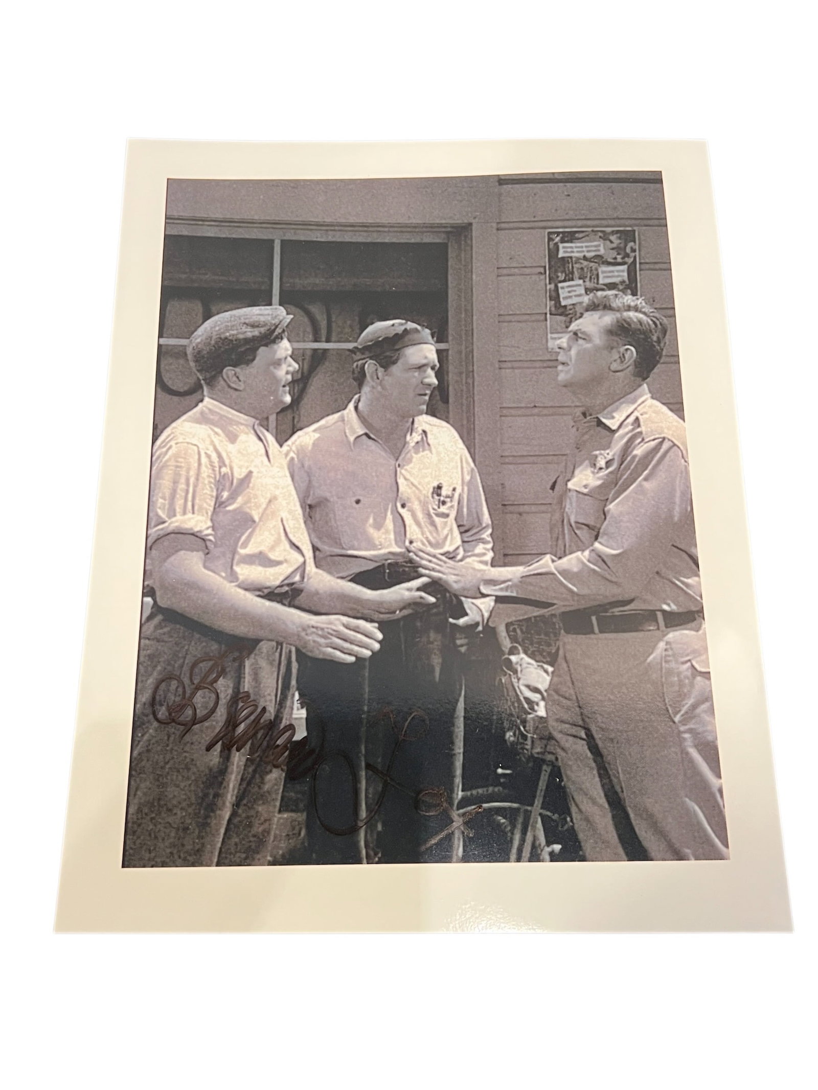 Signed Photograph: This image is a black and white photograph featuring Andy Griffith, Don Knotts, and Ernest Borgnine from The Andy Griffith Show. [1, 2]This photo is featured as a card in the 1990 Pacific The Andy Gri