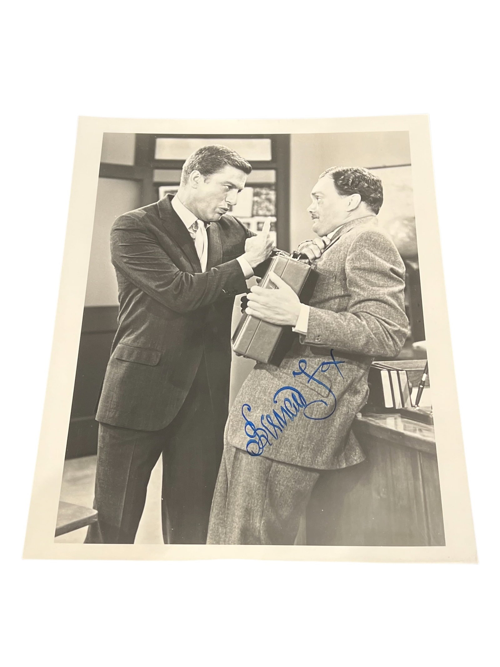 Signed Bernard Fox Photograph: This image shows a black-and-white promotional still featuring Dick Van Dyke and Bernard Fox from the 1964 The Dick Van Dyke Show episode "Teacher's Petrie". [1]Autographed Memorabilia: The