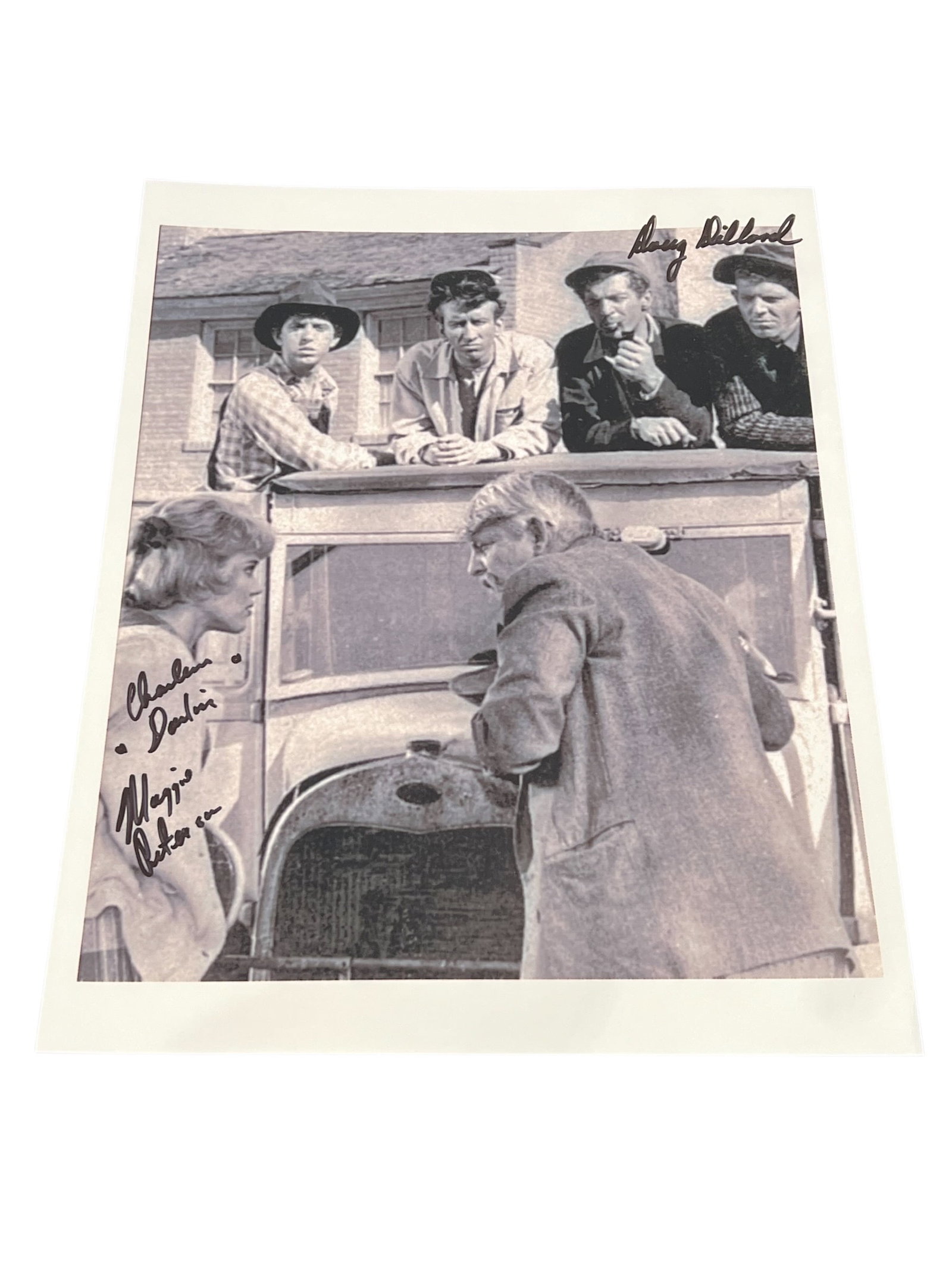 Signed Photograph: This image features a signed photo of the Darling family from The Andy Griffith Show, depicting characters Briscoe, Charlene, and her brothers.The photo shows the band members sitting on their