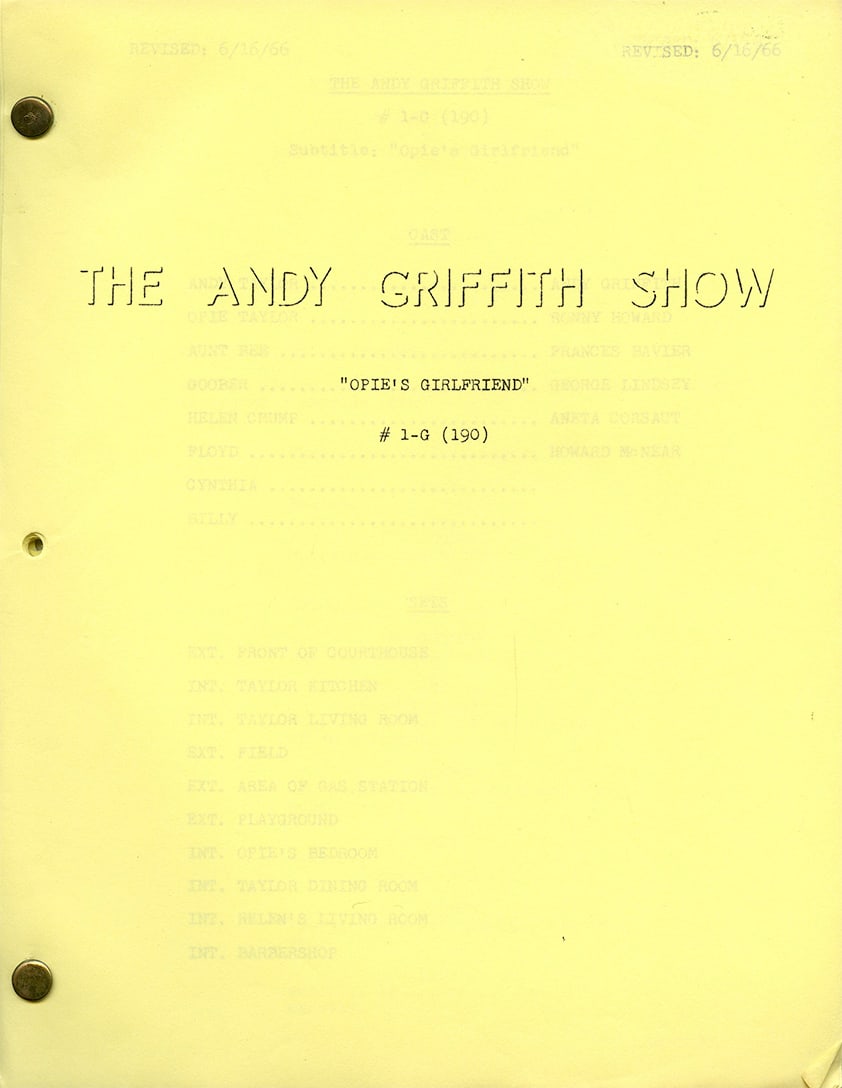 The Andy Griffith Show “Opie's Girlfriend" Production Script: Opie's Girlfriend - Season 3, Episode 19 - Original Air Date: February 4, 1963 - Opie develops his first serious childhood romance when he becomes smitten with a young girl in Mayberry. As his feeling