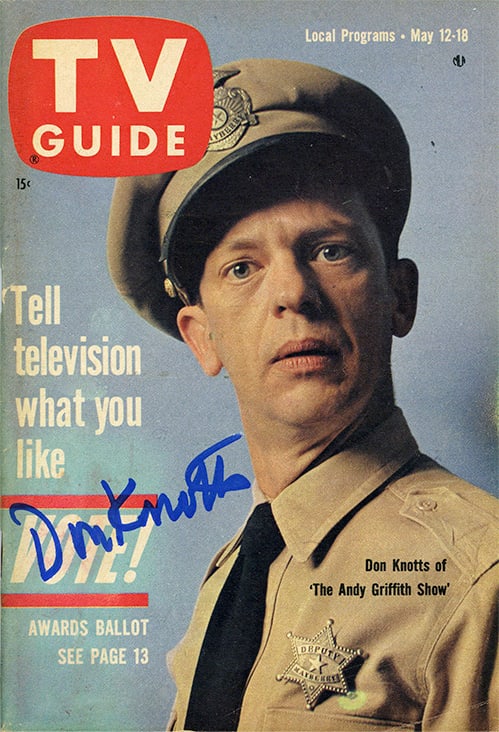 Signed Don Knotts TV Guide: This TV Guide features Don Knotts, best known for his role as Deputy Barney Fife on The Andy Griffith Show.This issue is from the week of May 12-18, 1962.It highlights his character's popularity and