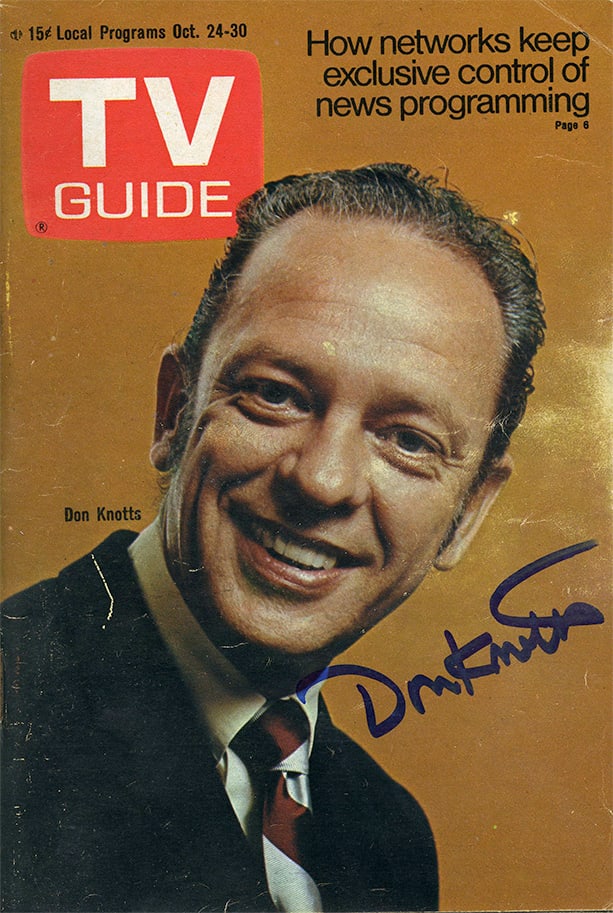 Signed Don Knotts TV Guide: This is a vintage TV Guide magazine from October 24–30, 1965, featuring Don Knotts on the cover.The cover is hand-signed in blue ink by Don Knotts, who was famous for his role as Barney Fife on The