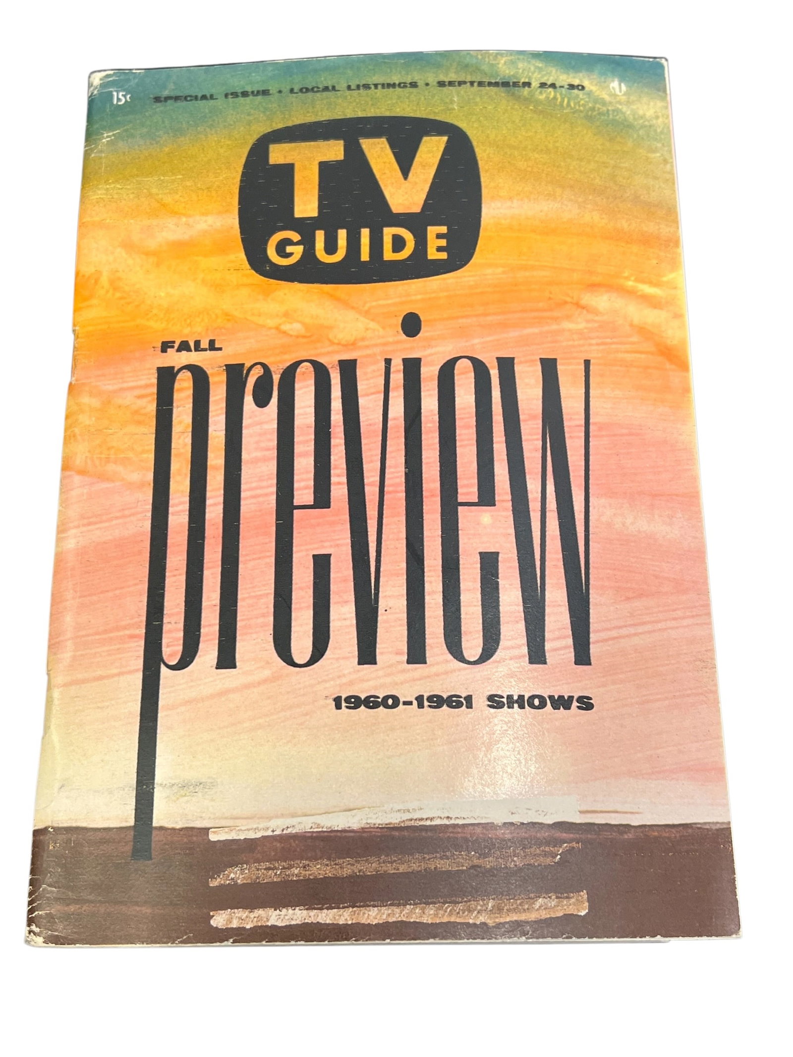 Early TV Guide: This is a vintage TV Guide magazine issue from the Fall Preview of the 1960-1961 season.The cover features a colorful watercolor art style with bold typography for the word "preview".This special