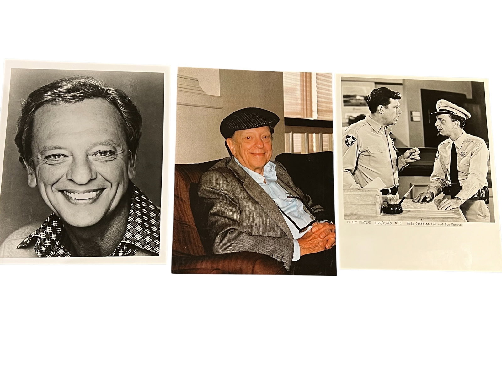 Lot of 3 Still Photos From The Andy Griffith Show: The images display the legendary American comedic actor and five-time Emmy Award winner Don Knotts. [1, 2]Left Image: A classic mid-career promotional headshot of Don Knotts sporting a patterned