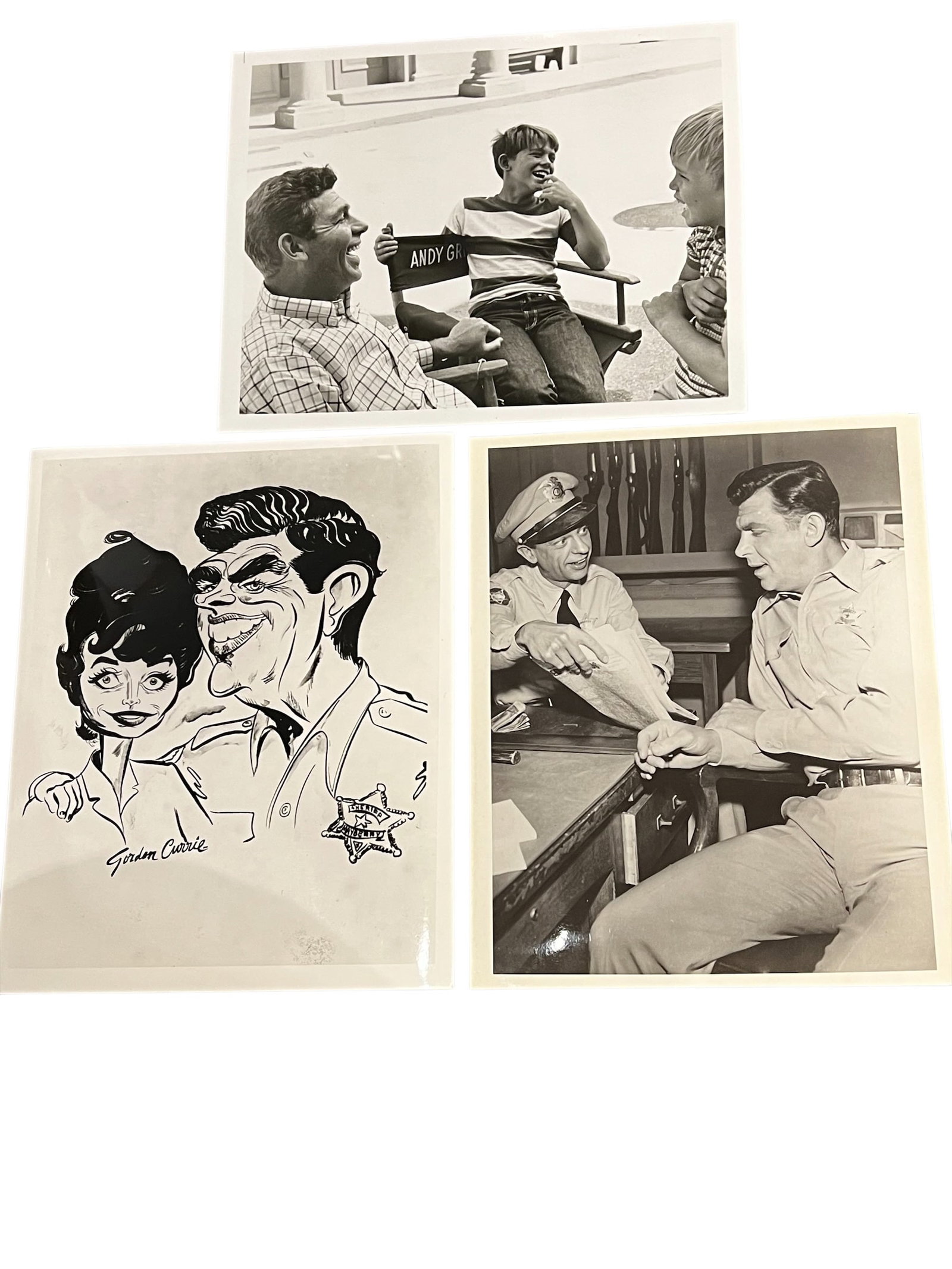 Lot of 3 Photographs from The Andy Griffith Show: The items in this photo are vintage production stills, behind-the-scenes press photos, and a custom promotional caricature from the classic 1960s television series, The Andy Griffith Show.? Breakdown