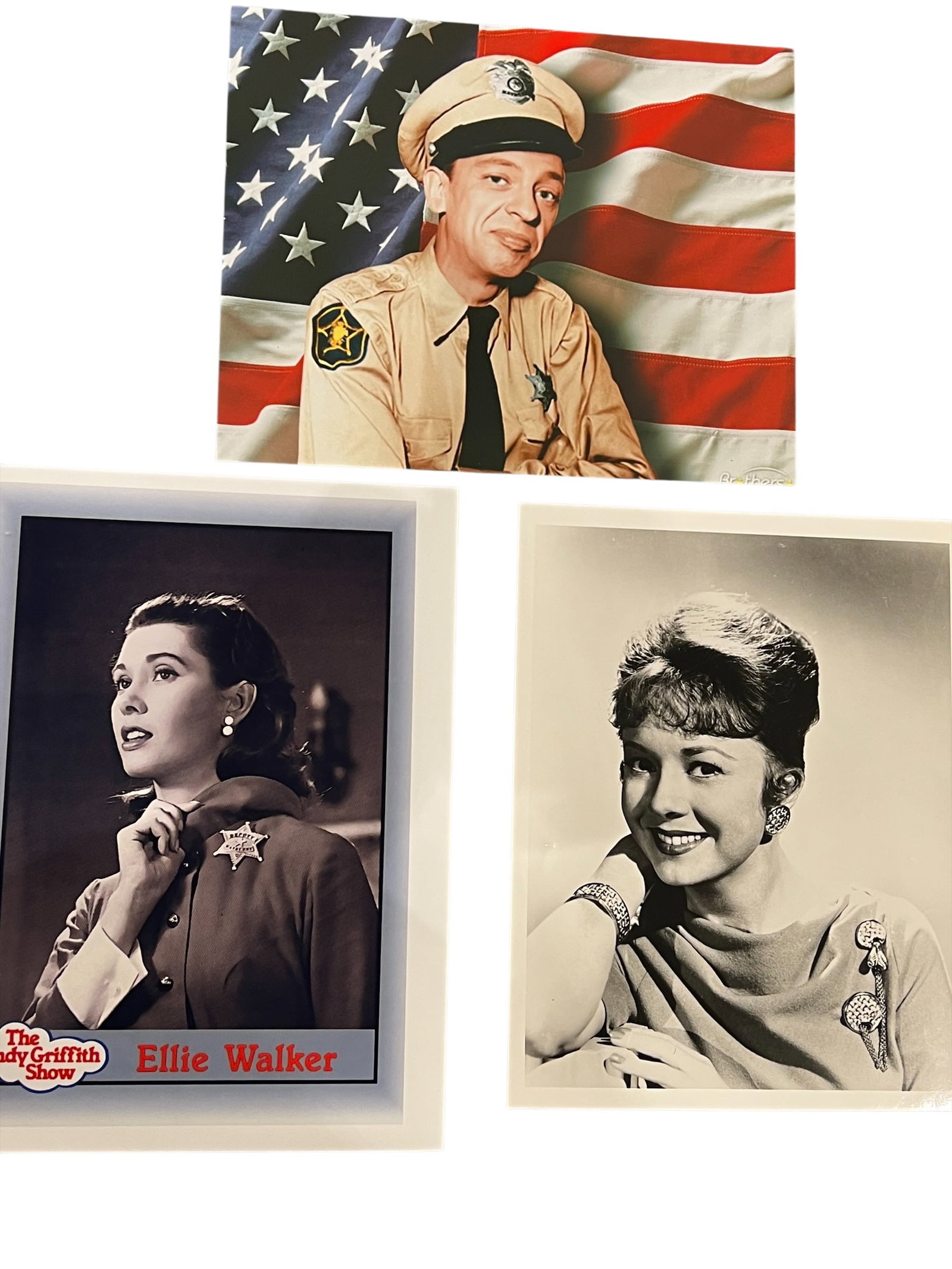 Lot of 3 Photographs from THe Andy Griffith Show: This image shows a collection of promotional photos and trading cards featuring cast members from the classic American television sitcom, The Andy Griffith Show.The three photos display the following