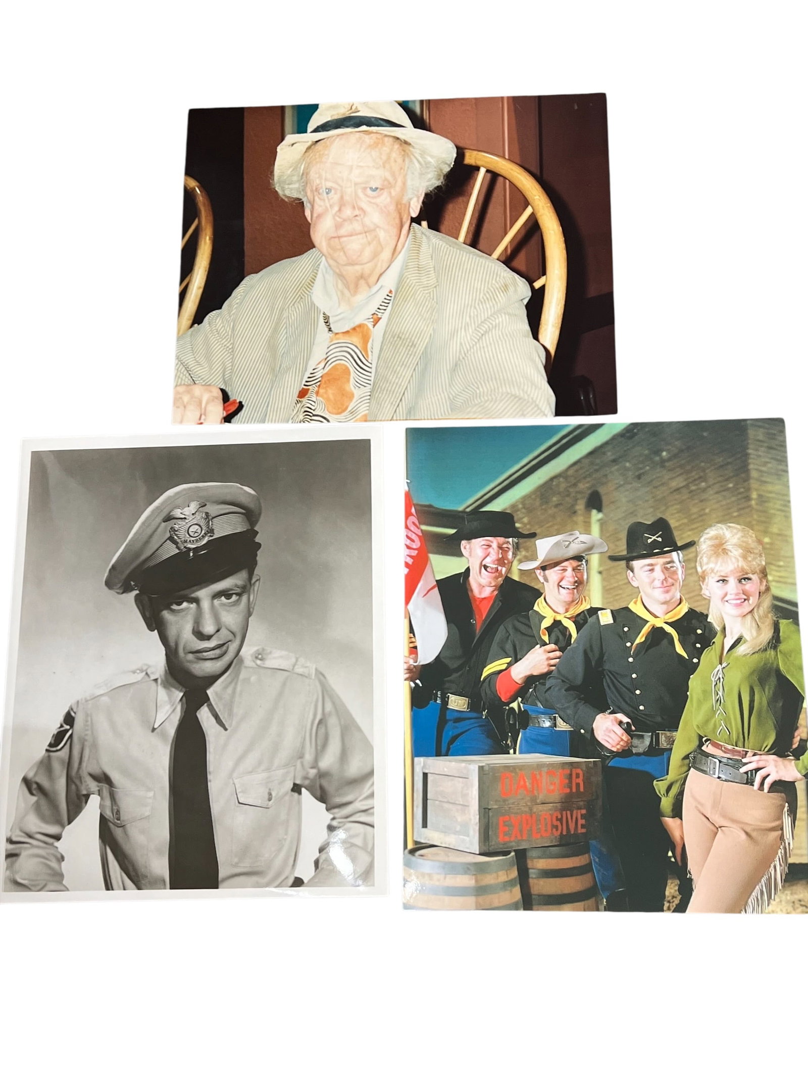 Lot of 3 Photographs from THe Andy Griffith Show: The image displays three individual publicity or reunion photographs featuring actors from classic American television shows. [1, 2, 3]Top PhotographActor: Don KnottsContext: This photograph captures