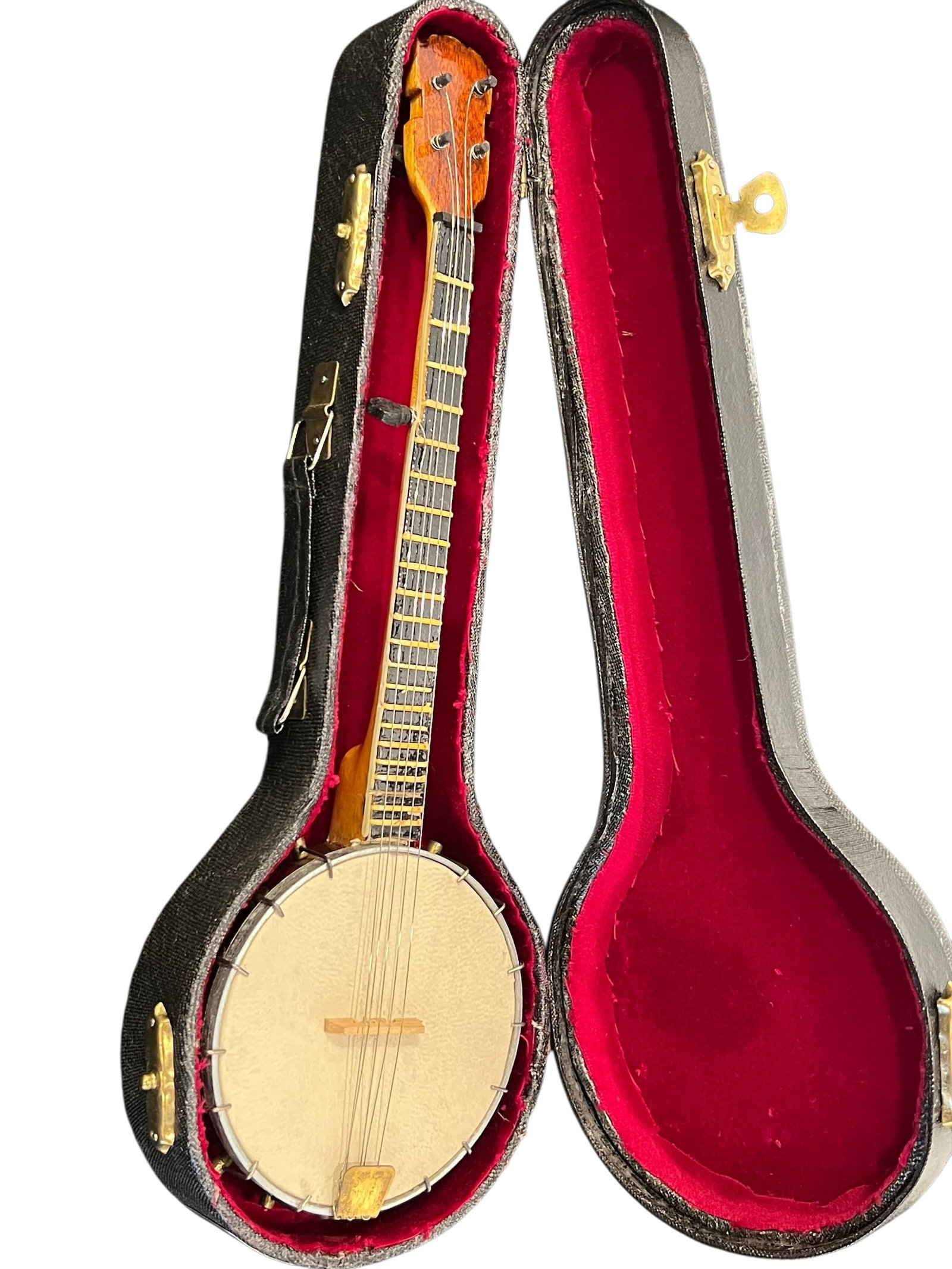 Signed Miniature Banjo Replica: This image displays a miniature banjo model replica, complete with a tiny hardshell instrument case lined in red velvet.Key DetailsPurpose: This item is a non-playable decorative collectible,