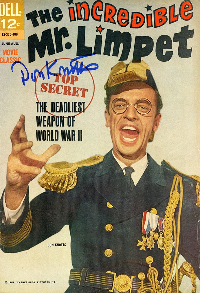 Don Knotts Autographed The Incredible Mr. Limpet Movie Classic Comic Book (1964): Original The Incredible Mr. Limpet Movie Classic comic book published by Dell Comics in 1964 and personally autographed by Don Knotts across the front cover. Based on the beloved Warner Bros. motion
