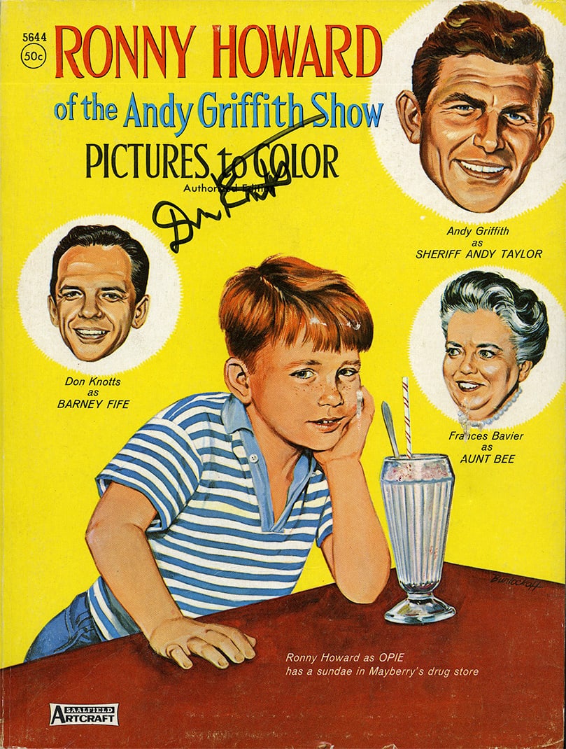 Don Knotts Autographed Ronny Howard of The Andy Griffith Show Pictures to Color Book: This vintage 1962 Ronny Howard of the Andy Griffith Show coloring book was produced by the Saalfield Publishing Company.It features Artcraft illustrations of characters like Sheriff Andy Taylor, Opie,