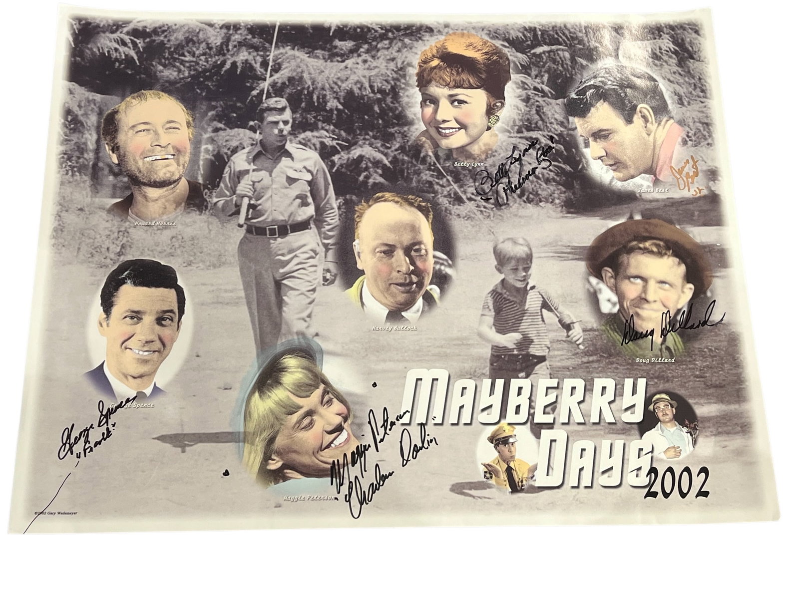 Signed Poster of the 2002 Mayberry Days: This "Mayberry Days 2002" poster features cast members from The Andy Griffith Show who signed it in person at the festival. [1]Featured Cast: The poster displays photographs and signatures from actors