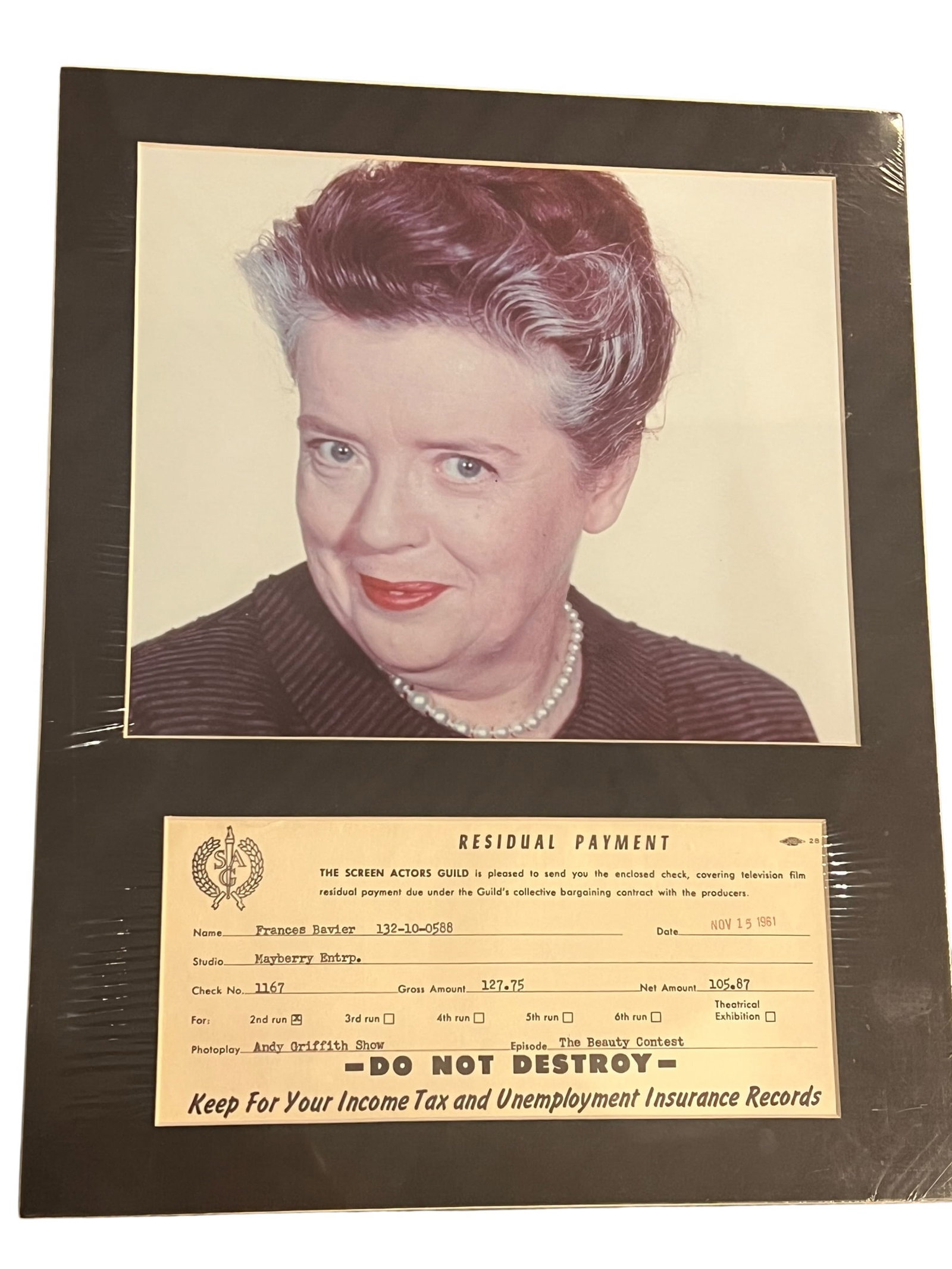 Framed Memorabilia Display of Frances Bavier Reidual Check (1 of 4)