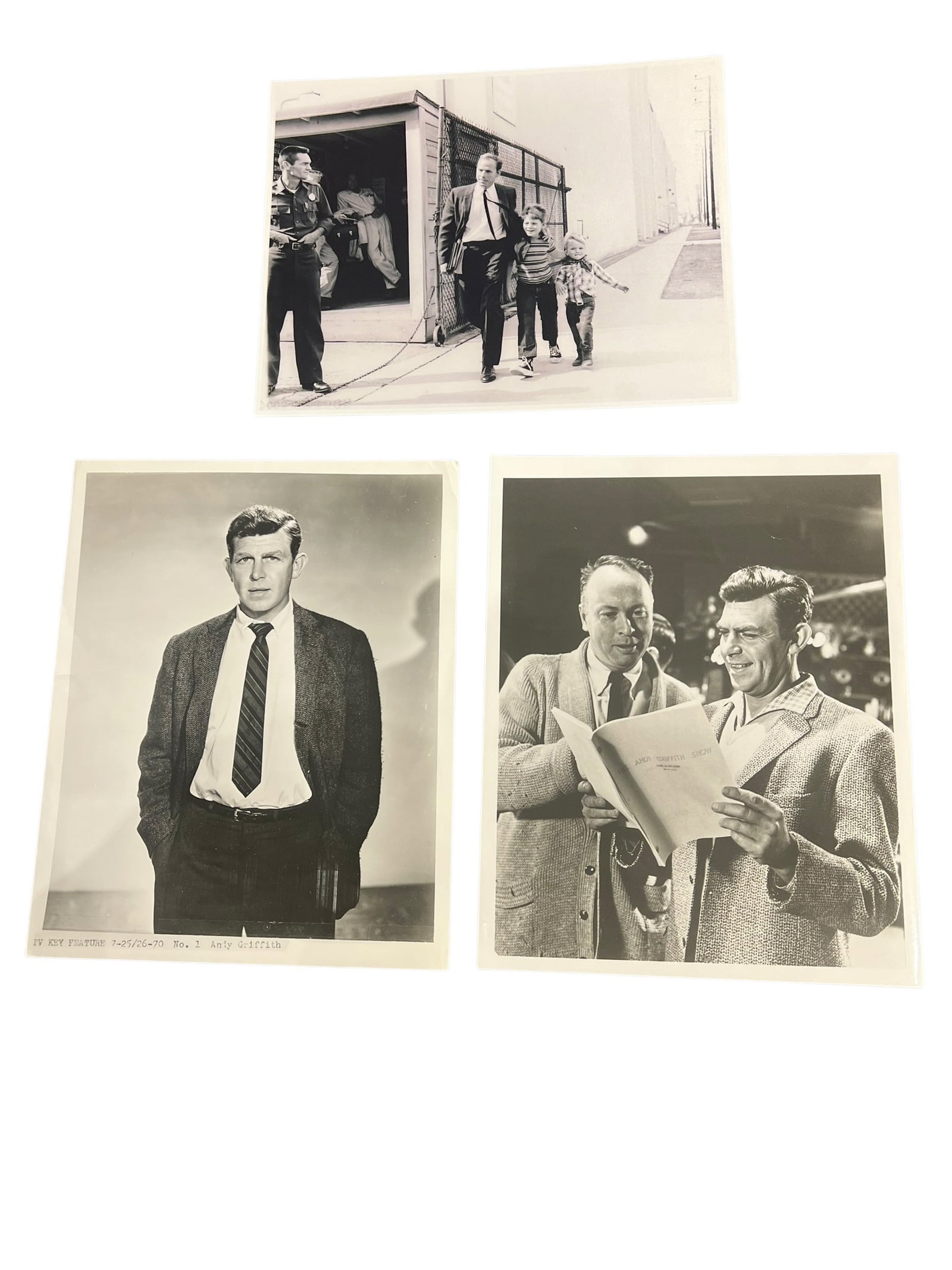 Lot of 3 Still Photographs from The Andy Griffith Show: This image shows black-and-white promotional still photographs from the classic American television series The Andy Griffith Show. [1]The photographs feature actor Andy Griffith in his iconic role as 