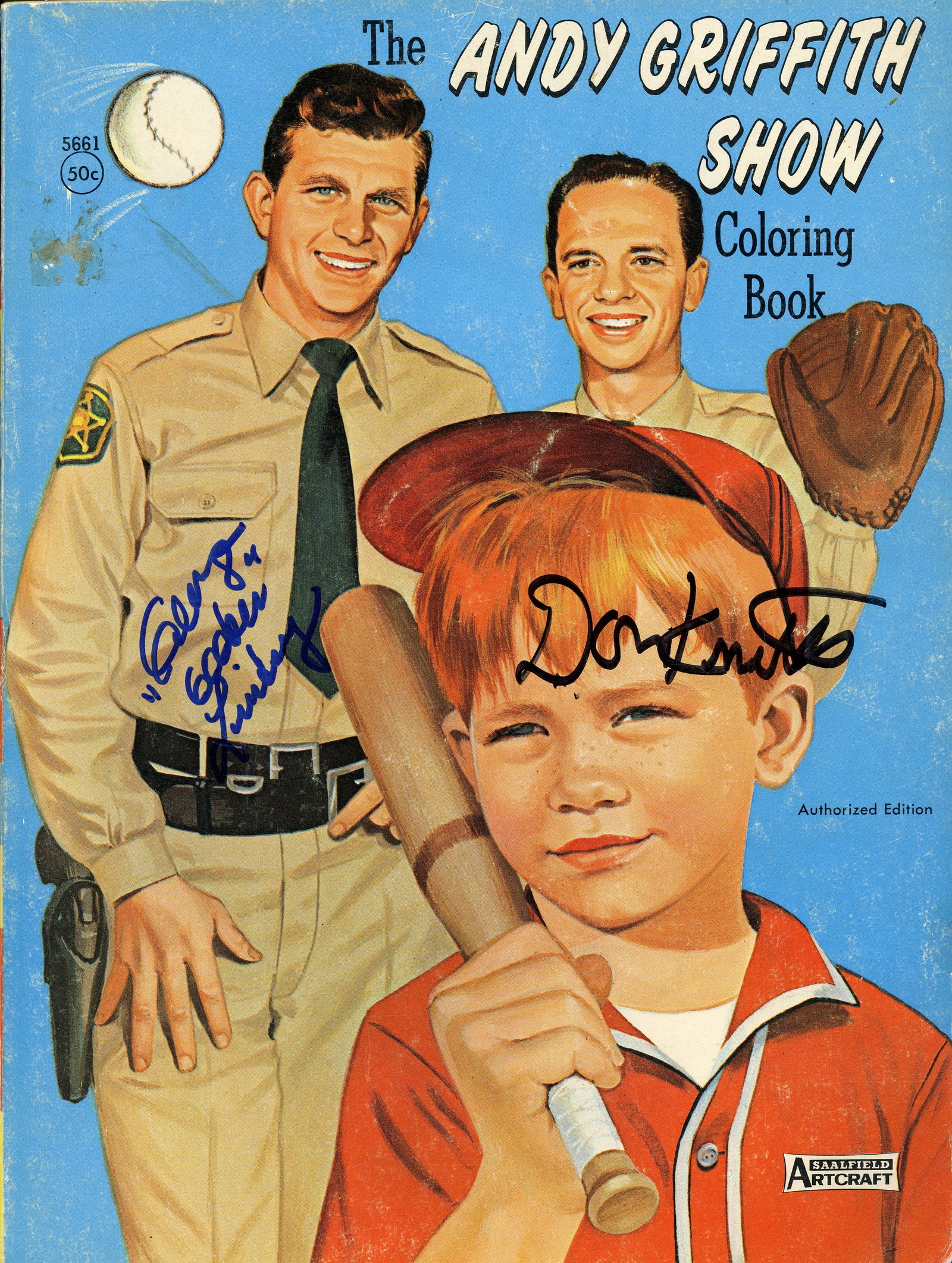 Autographed The Andy Griffith Show Coloring Book Featuring Don Knotts and George Lindsey: Original The Andy Griffith Show Coloring Book (50¢ edition) published during the original run of the series and autographed by Don Knotts, the legendary Barney Fife, and George Lindsey, beloved by ge