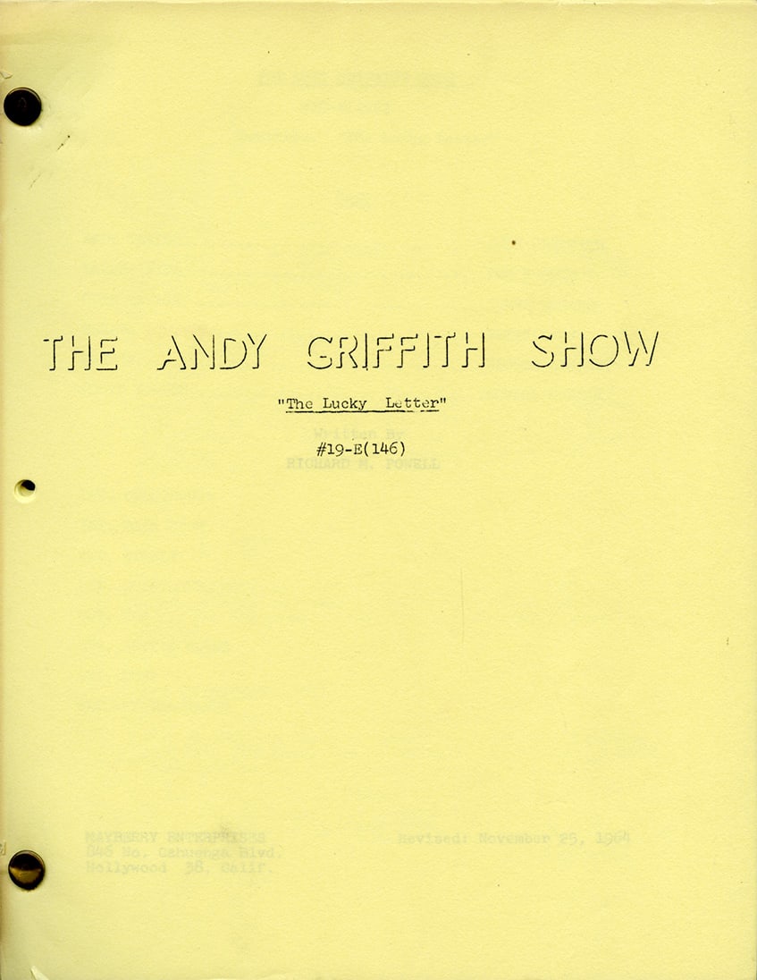 "The Lucky Letter" Original Production Script The Andy Griffith Show (1 of 3)