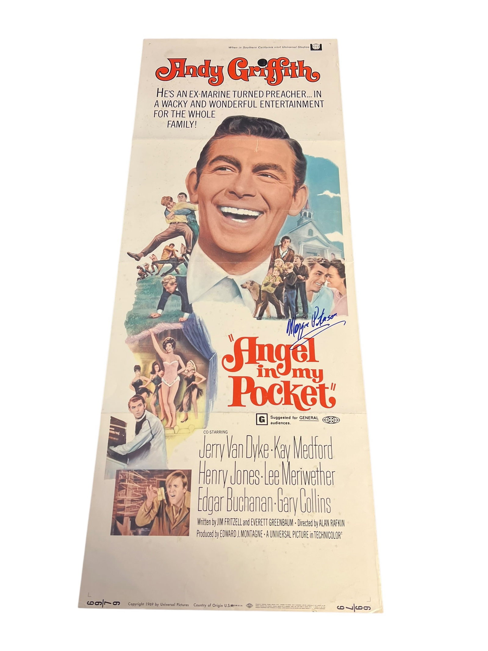 Andy Griffith "Angel in My Pocket" Movie Poster Autographed by Maggie Peterson: Original insert-style movie poster from Angel in My Pocket (1969) starring Andy Griffith, personally autographed by Maggie Peterson, beloved by Mayberry fans as Charlene Darling on The Andy Griffith S