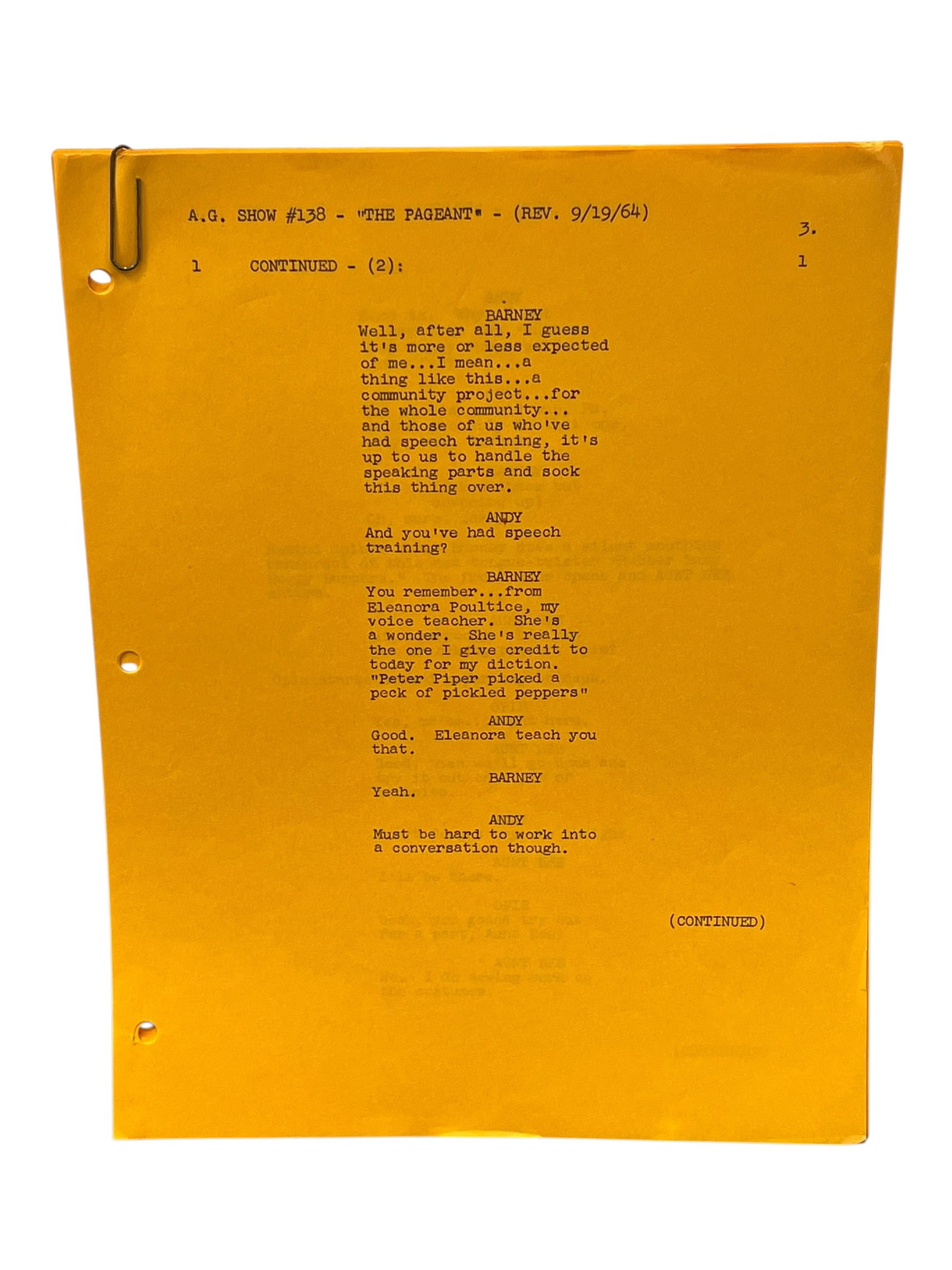 Original Production Script "The Pageant (Partial) for The Andy Griffith Show: Original Production Script – The Andy Griffith Show – This original production script from The Andy Griffith Show represents an authentic piece of television history from one of the most beloved a