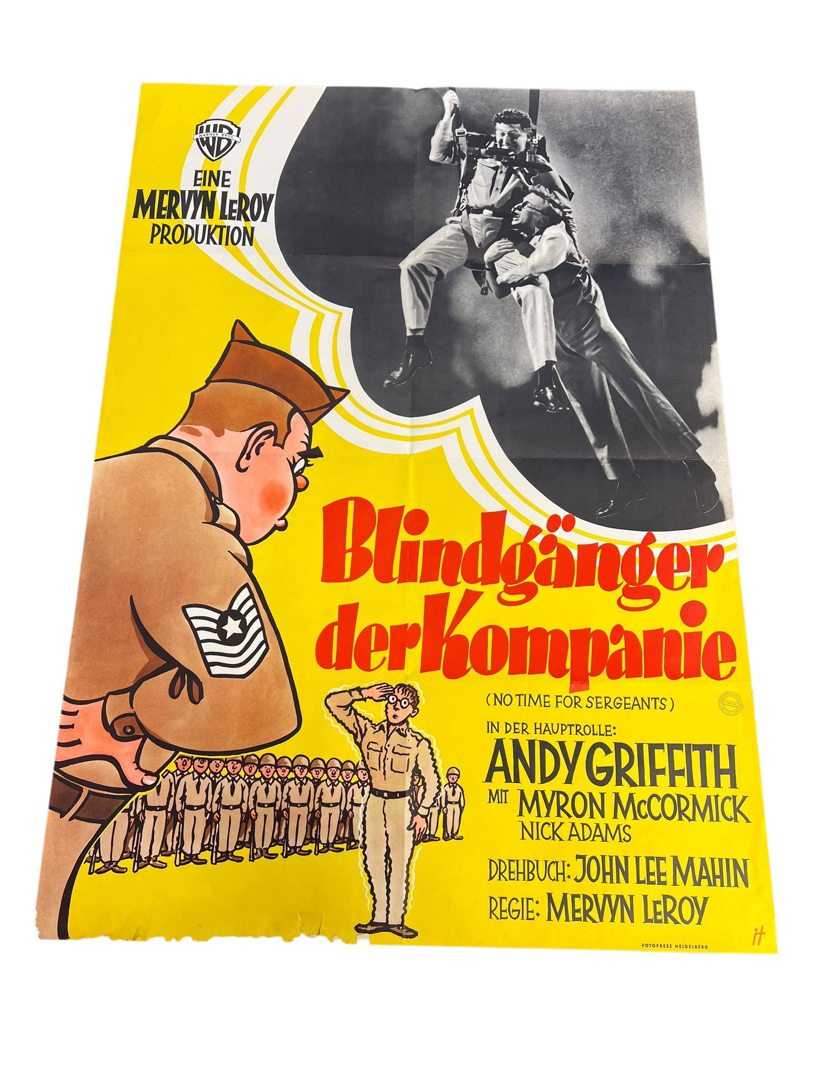 Original German Release "No Time for Sergeants" Movie Poster Featuring Andy Griffith: Original international theatrical movie poster for No Time for Sergeants (1958), released in Germany under the title Blindgänger der Kompanie. Starring Andy Griffith, Myron McCormick, and Nick Adams,