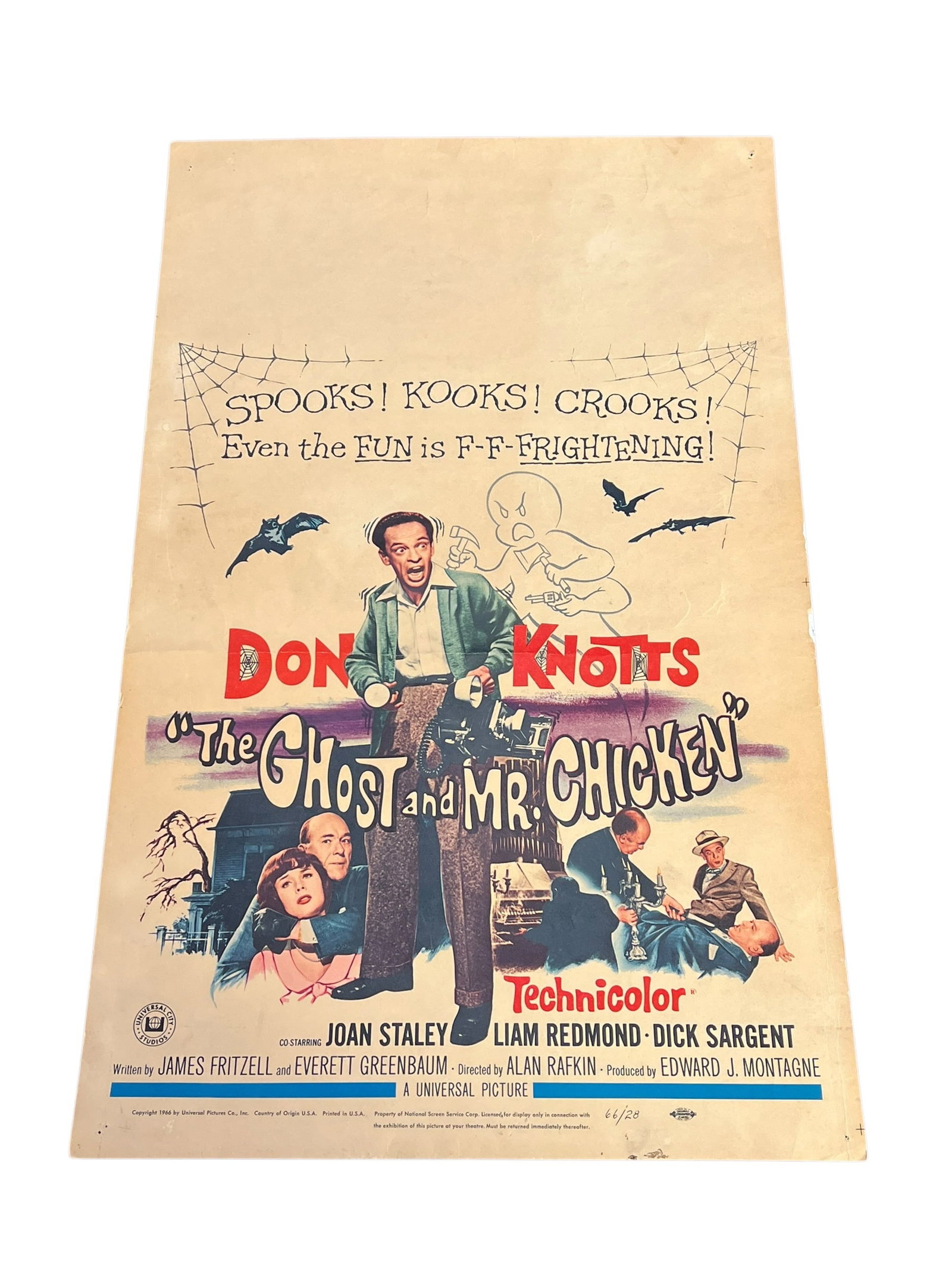 Original "The Ghost and Mr. Chicken" Half-Sheet Movie Poster Featuring Don Knotts: Original theatrical half-sheet movie poster for The Ghost and Mr. Chicken (1966), one of Don Knotts' most beloved and successful feature films. Starring Don Knotts, Joan Staley, Liam Redmond, and Dick