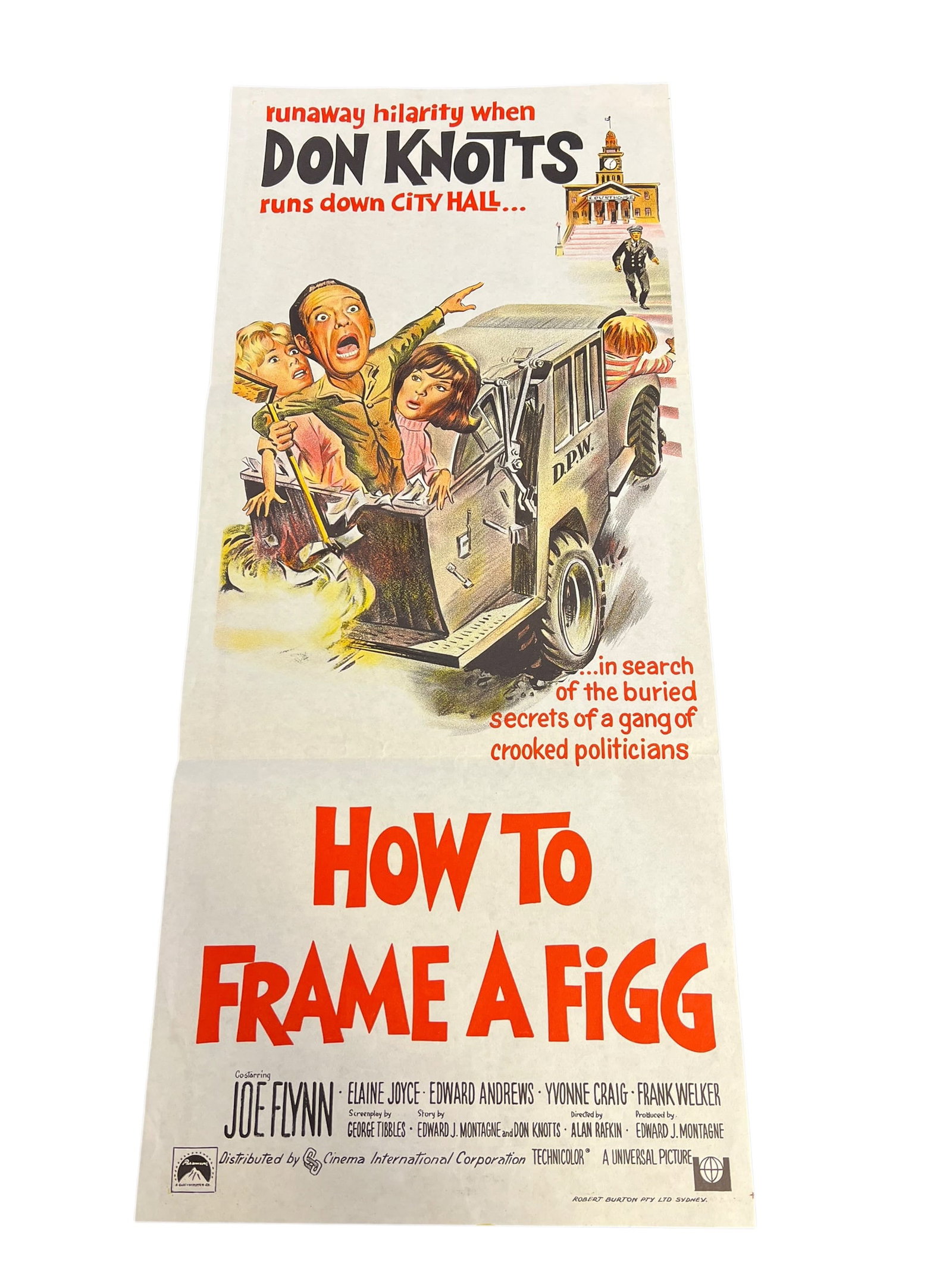 Original International Release "How to Frame a Figg" Movie Poster Featuring Don Knotts: Original theatrical movie poster for How to Frame a Figg (1971), starring Don Knotts, Joe Flynn, Elaine Joyce, Edward Andrews, Yvonne Craig, and Frank Welker. This colorful international-release poste