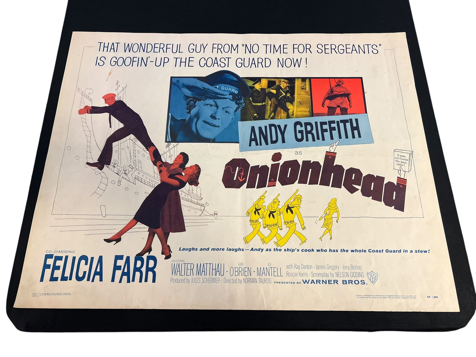 Original 1958 "Onionhead" Half-Sheet Movie Poster Featuring Andy Griffith: Original half-sheet movie poster for Onionhead (1958), starring Andy Griffith, Felicia Farr, Walter Matthau, Erin O'Brien, and Joey Bishop. Released by Warner Bros. shortly after Griffith's breakout s