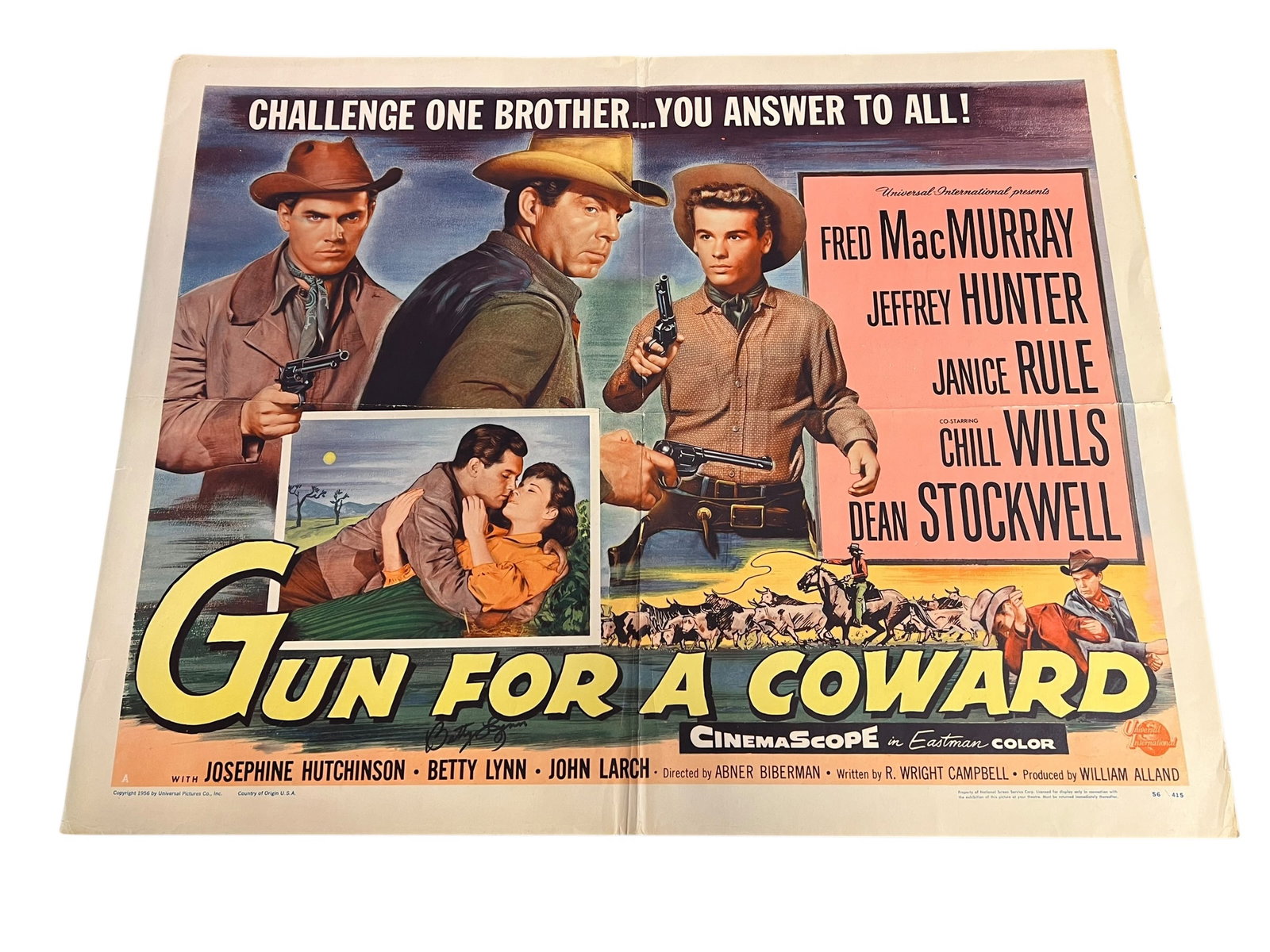 Original 1956 "Gun for a Coward" Half-Sheet Movie Poster Autographed by Betty Lynn (1 of 4)