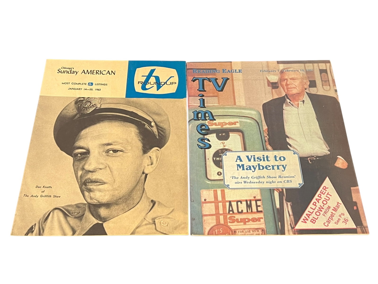 Lot of 2 TV Times Magazines Featuring The Andy Griffith Show: These vintage The Andy Griffith Show TV guide magazines from 1962, featuring Don Knotts as Barney Fife, are collectible memorabilia.The "Month of Mayberry" event featuring the show returns to MeTV in 