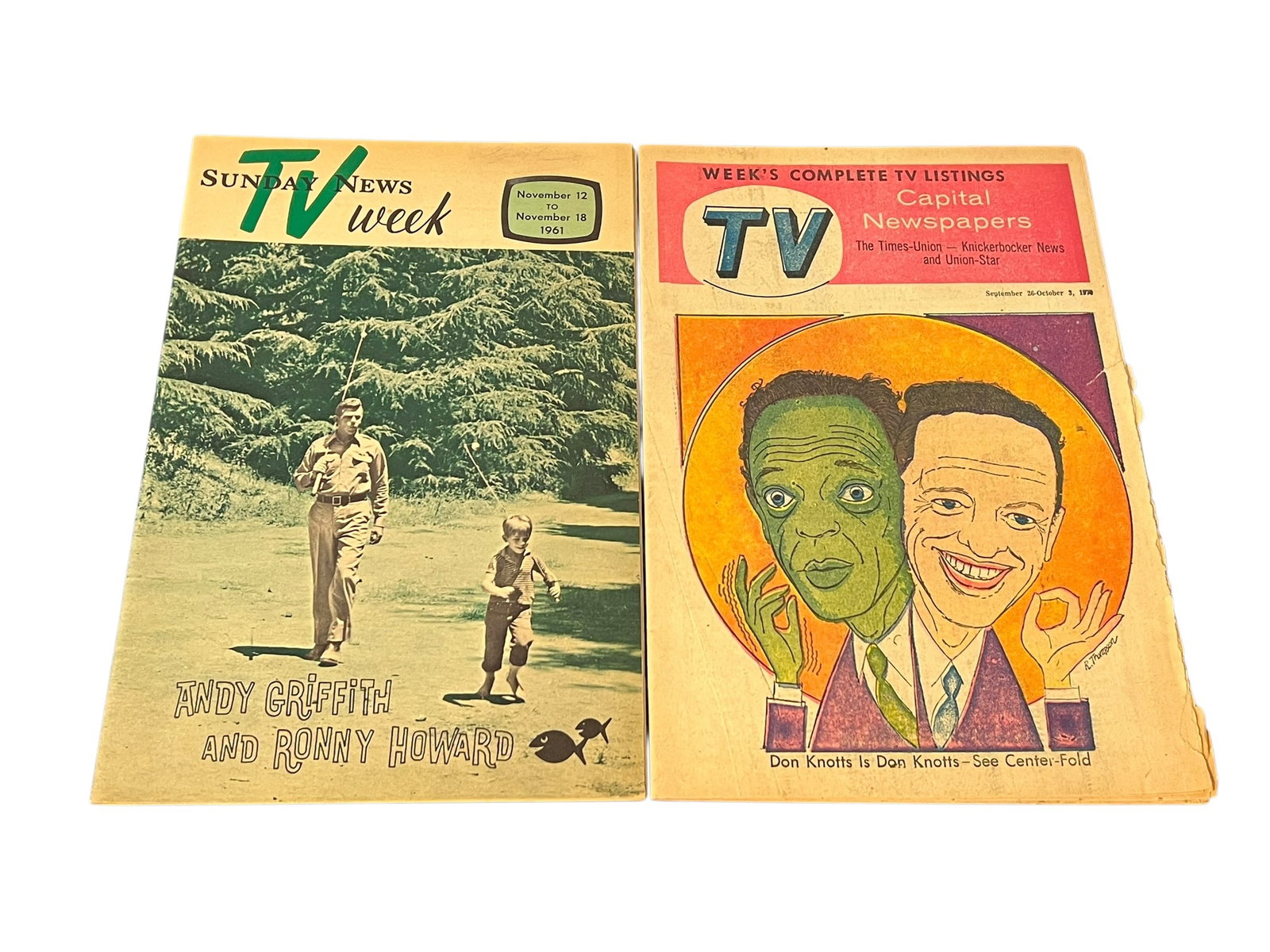 Lot of 2 TV Week Magazines Featuring The Andy Griffith Show: This image shows two vintage issues of "TV Week" and "Capital Newspapers" TV listings from late 1961. [1, 2]TV Week (Left): Dated November 12–18, 1961, featuring Andy Griffith and Ronny Howard.Capit