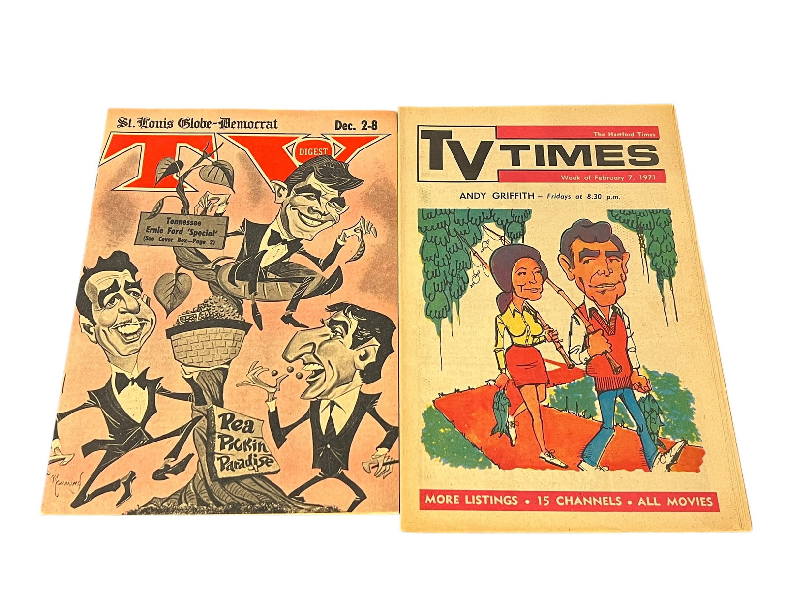 Lot of 2 TV Times Magazines Featuring The Andy Griffith Show: This is a vintage TV Times magazine for the week of February 7, 1971, featuring a caricature cover of Andy Griffith and a companion.The publication was a regional insert for The Hartford Times newspap