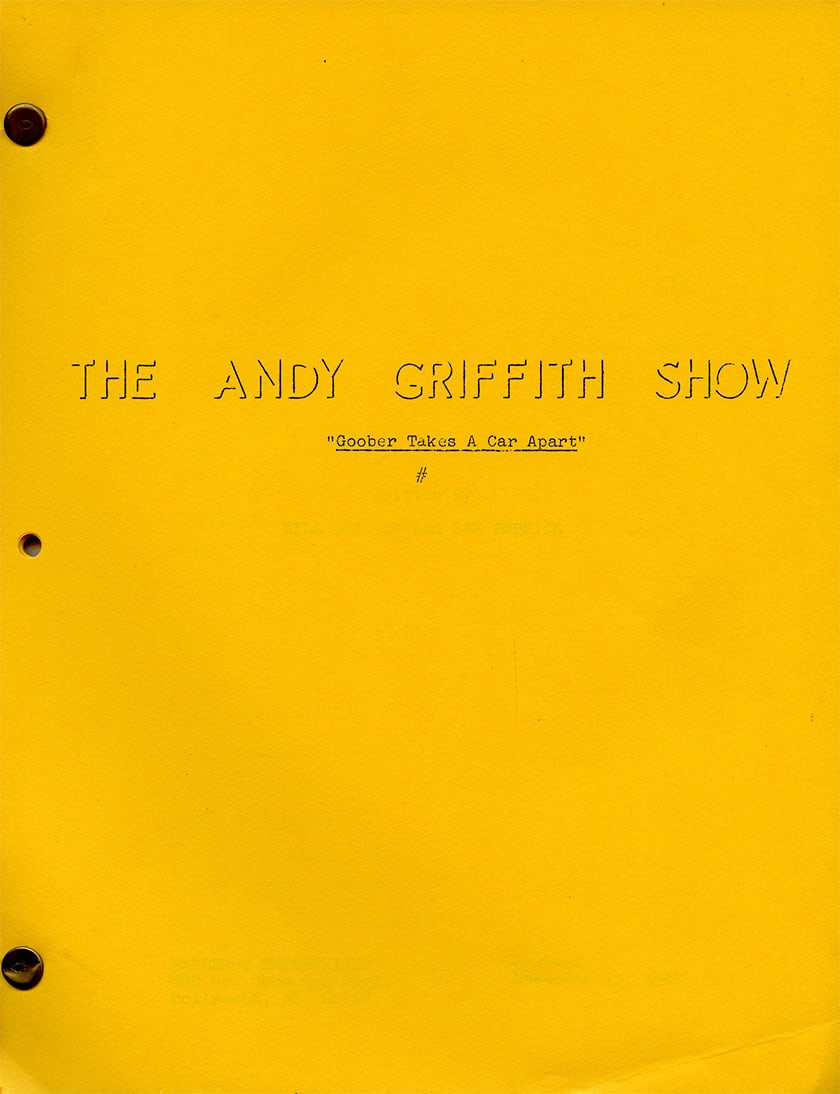 "Goober Takes a Car Apart" Original Production Script – The Andy Griffith Show: Goober Takes a Car Apart - Season 8, Episode 18 - Original Air Date: January 22, 1968 - Goober convinces a customer that he can improve the performance of his automobile by completely rebuilding it. F