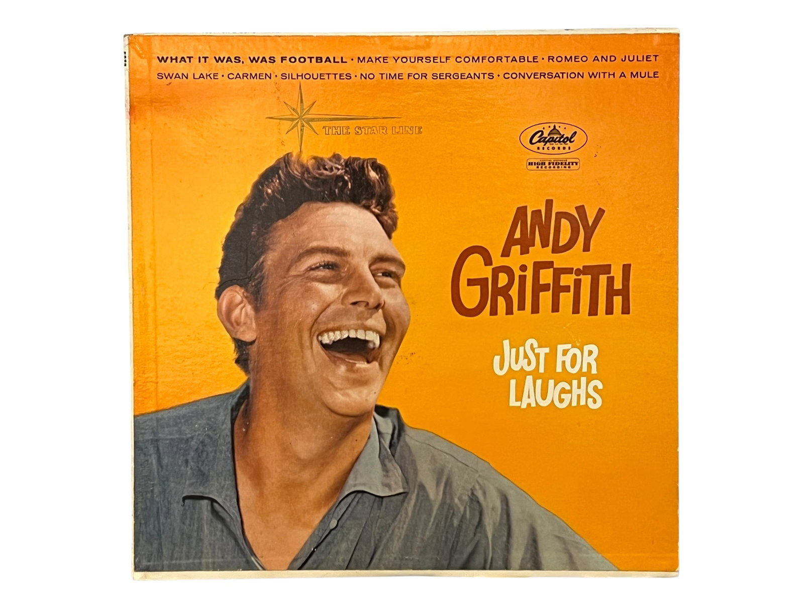 Album 33 rpm: This image shows the 1958 Capitol Records release of the vinyl album "Just For Laughs" by Andy Griffith. [1, 2]Artist: Andy GriffithAlbum Title: "Just For Laughs"Label: Capitol Records, specifically t