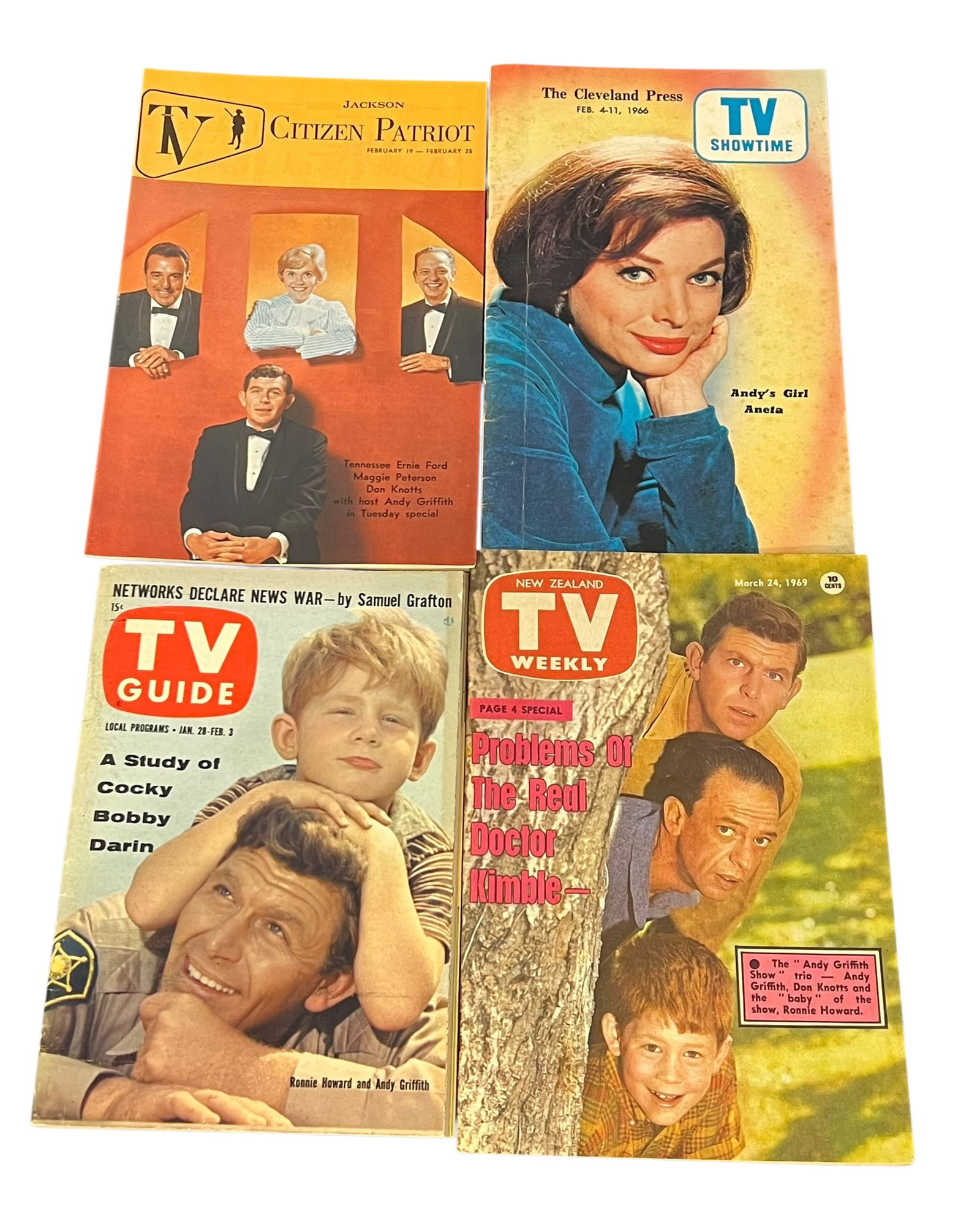 Lot of 4 TV Weekly Magazines Featuring The Andy Griffith Show: These collectibles are vintage television magazines, including a 1960s TV Guide featuring actor Ronnie Howard and a 1966 TV Showtime cover with Aneta Corsaut. [1, 2]Regional TV Guides: These are