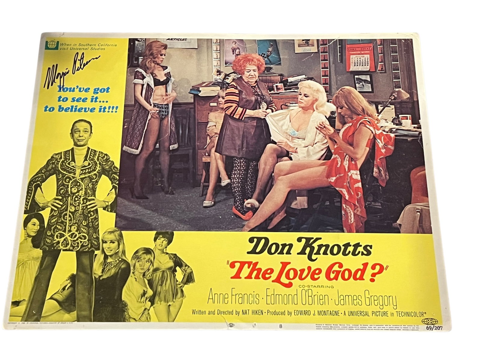 Autographed “The Love God?" Lobby Card: This image is an original 1969 lobby card for the comedy film "The Love God?" starring Don Knotts. [1, 2]Film Context: The movie follows Abner Audubon Peacock IV (Don Knotts), a publisher of a bird-wa