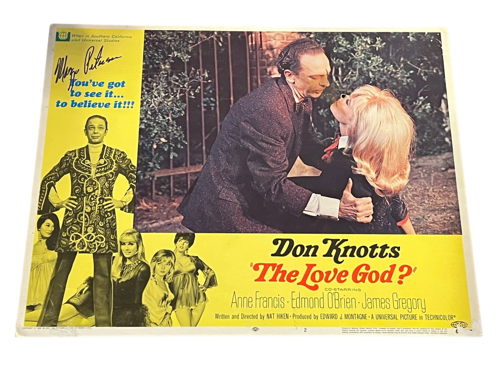 Autographed “The Love God??? Lobby Card: This image is a vintage 11x14 lobby card for the 1969 film The Love God? starring Don Knotts. [1, 2]Film Context: The poster highlights Don Knotts, Anne Francis, and Edmond O'Brien, featuring the tagl