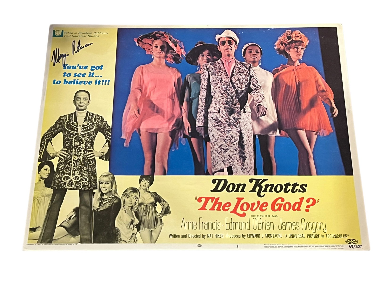 Autographed “The Love God?" Lobby Card: This image shows an original 1969 half-sheet movie poster for the comedy film The Love God? featuring actor Don Knotts. [1, 2]Film Context: The Love God? is a 1969 American comedy film directed by Nat