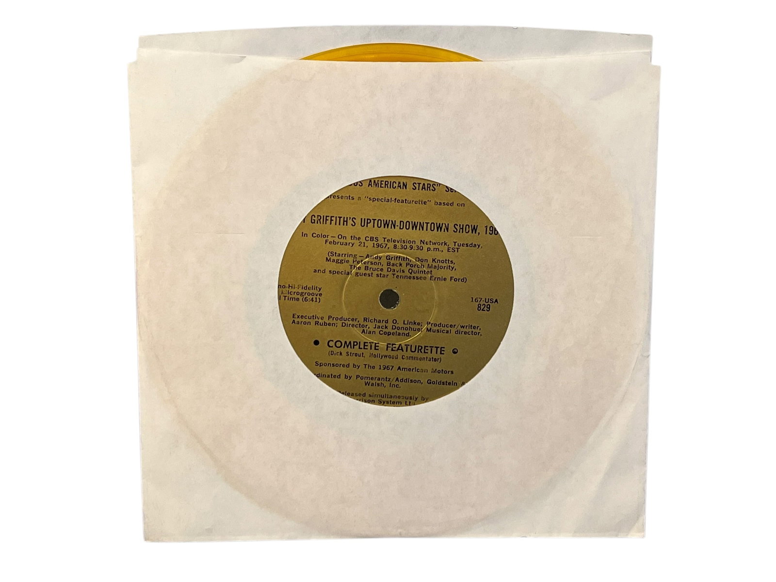 Promotional Record for Andy Griffith: This is a promotional 7-inch record for Andy Griffith's Uptown-Downtown Show, a television special that aired on CBS on February 21, 1967.Sponsored by American Motors (AMC), this disc features a "spec
