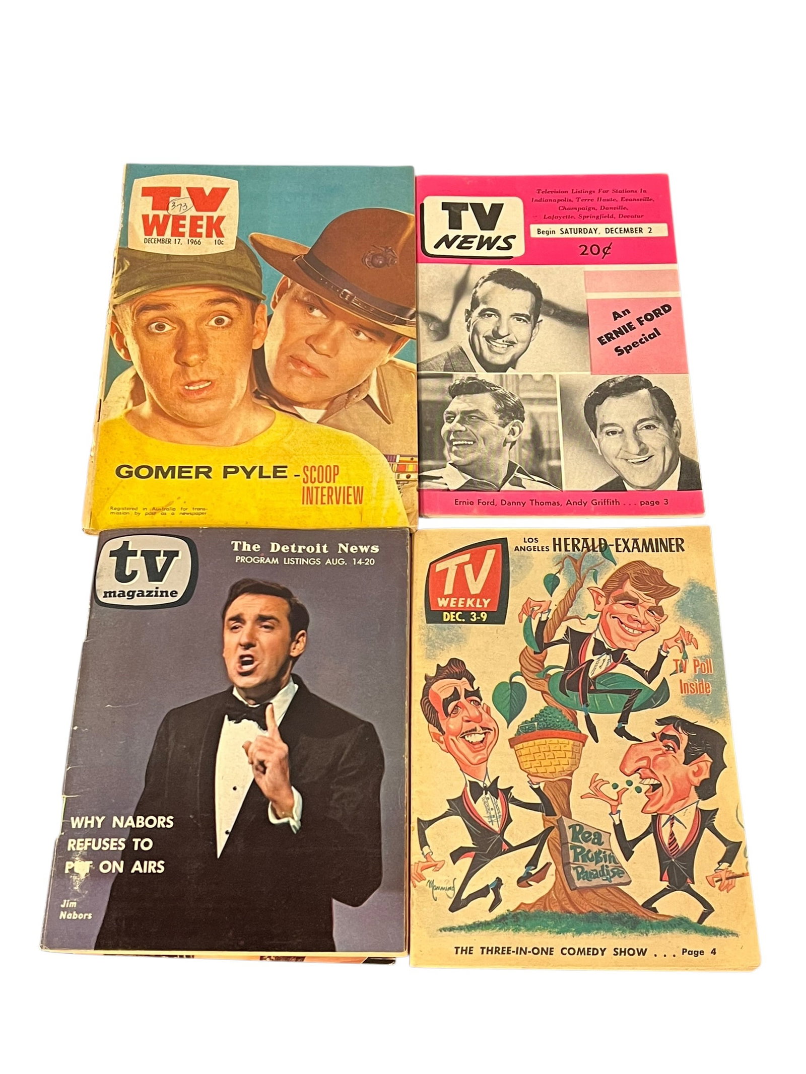 Lot of 4 TV Week Magazines: This image shows a collection of vintage American television listings magazines from the 1960s, featuring covers with entertainers like Jim Nabors and Tennessee Ernie Ford