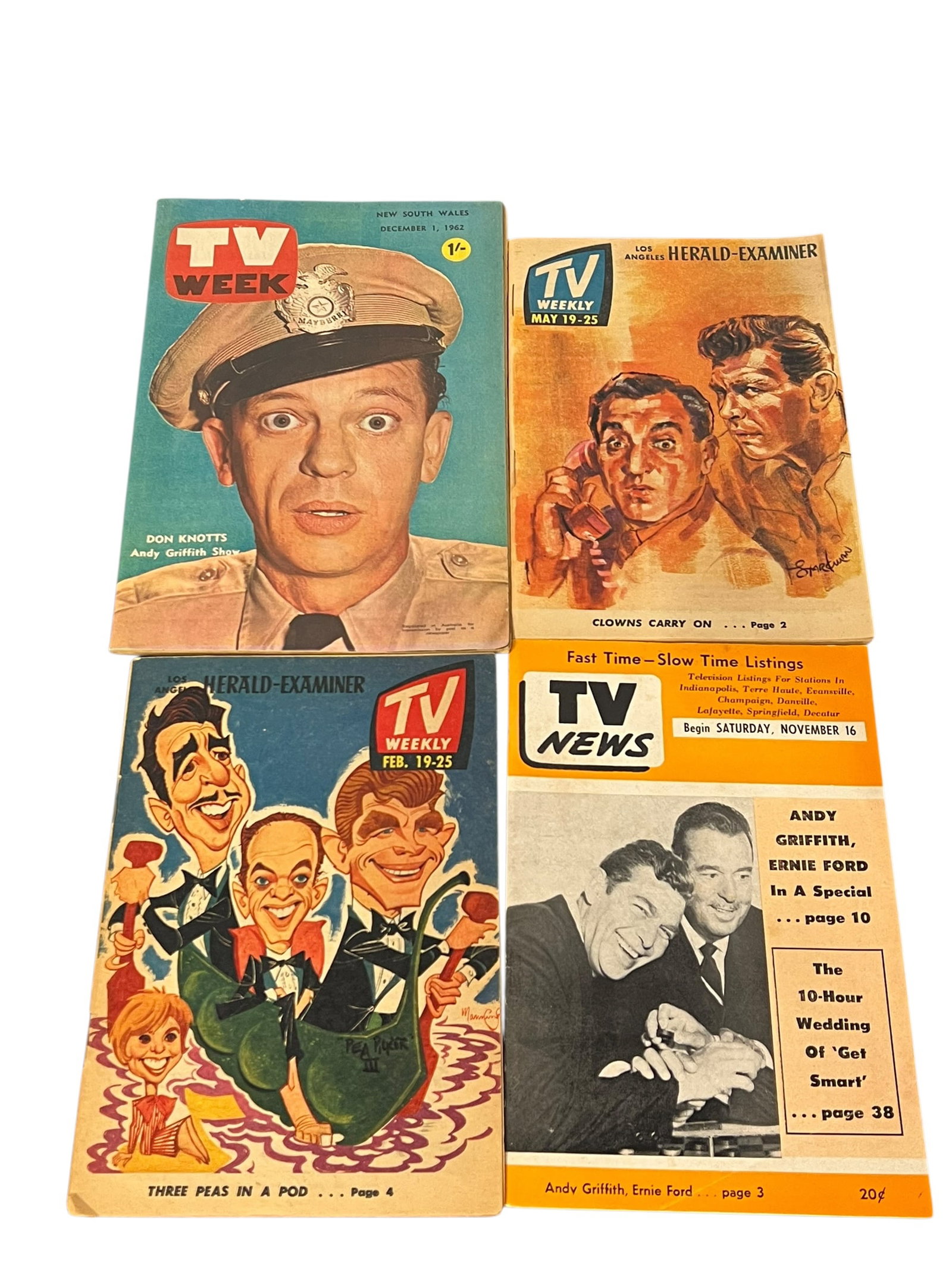 Lot of 4 TV Week Magazines: These are vintage TV magazines from the 1960s, including TV WEEK from Australia and Los Angeles Herald-Examiner TV Weekly.They feature prominent television stars of the era, such as Don Knotts from Th